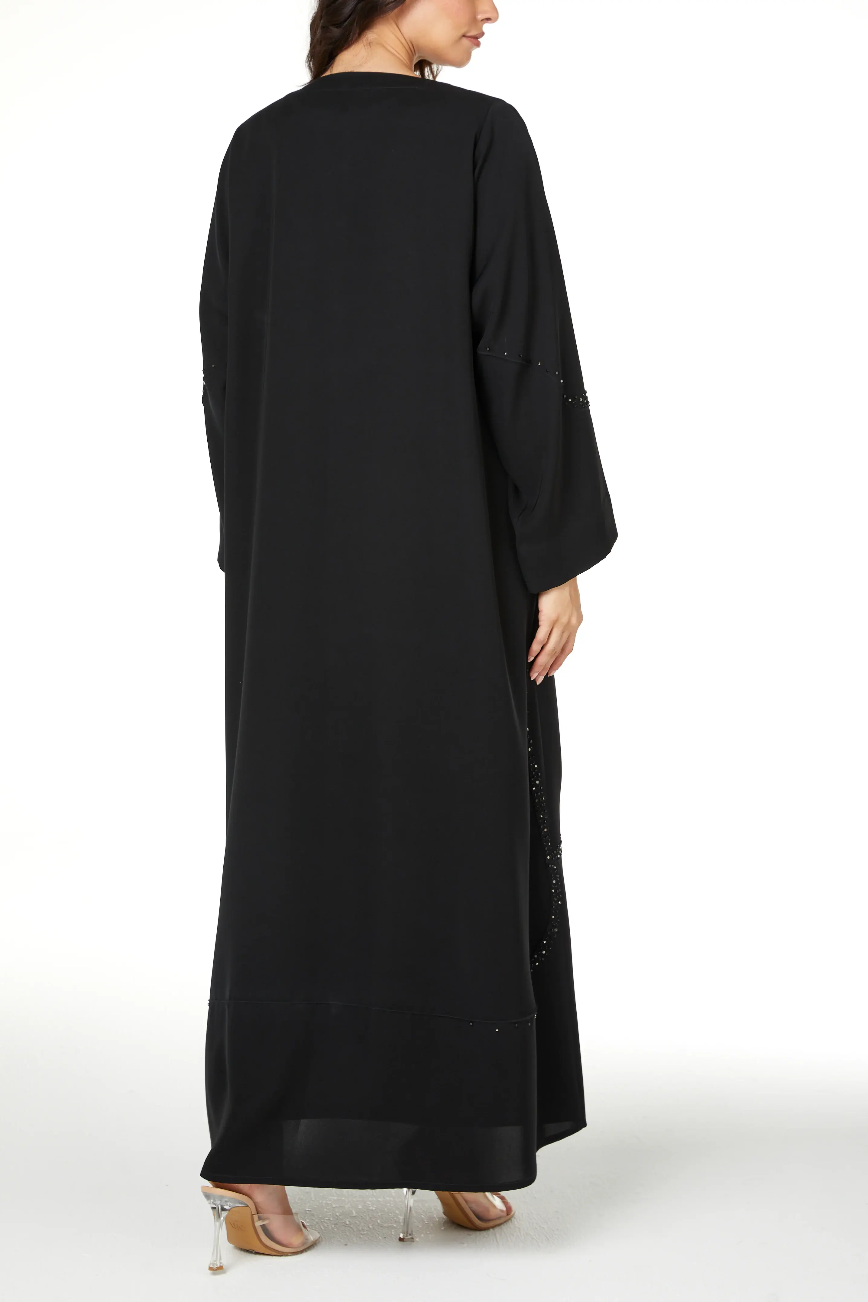 Black Farasha Crepe Abaya with Beaded Curve Detail