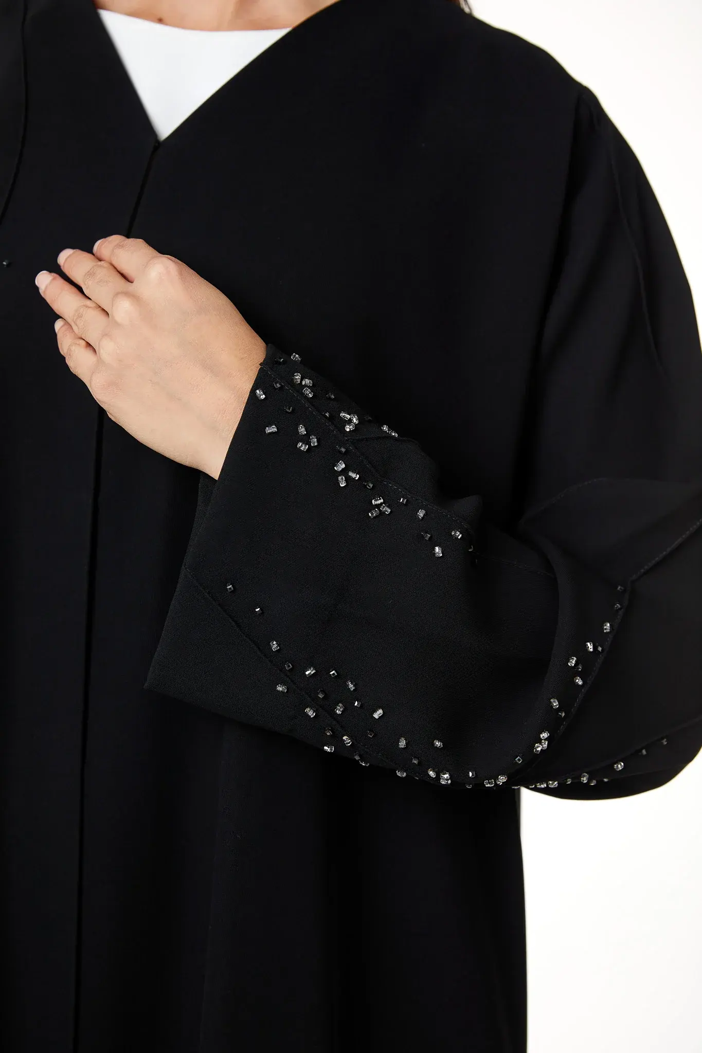 Black jaime crepe, Front Beadwork Pintuck Detail