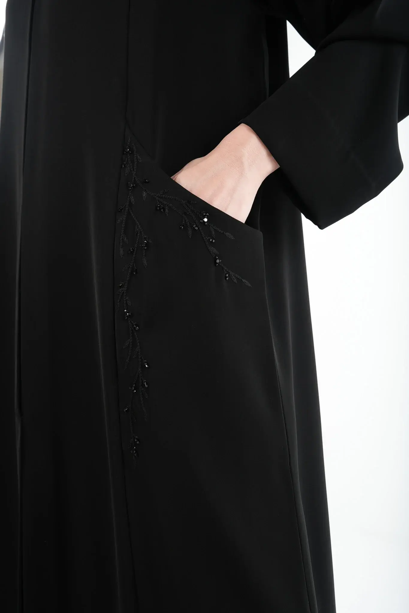 Black Amara Crepe Abaya with Hand Beadwork Accents