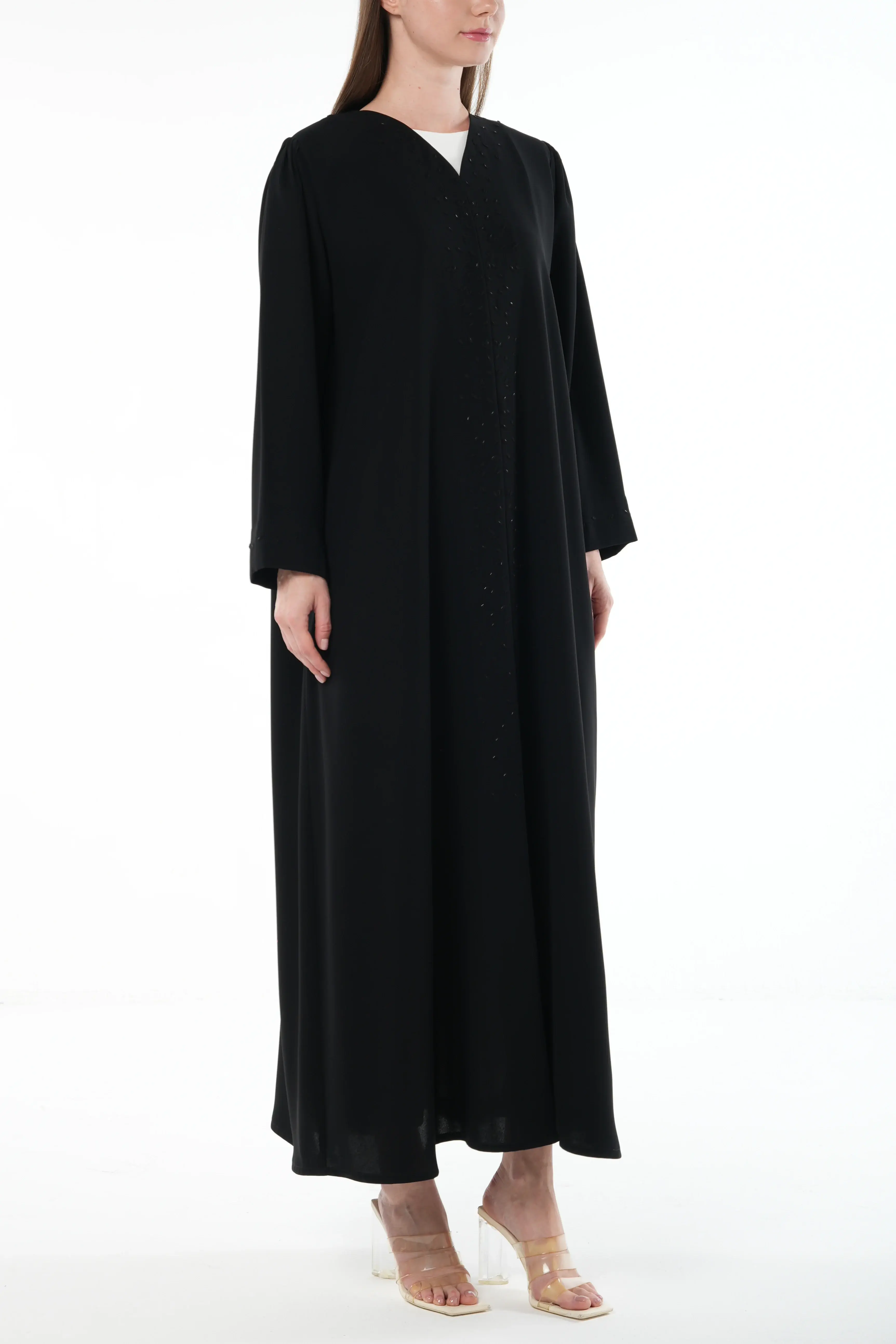 Black Wave Crepe Abaya with Beadwork Embroidery
