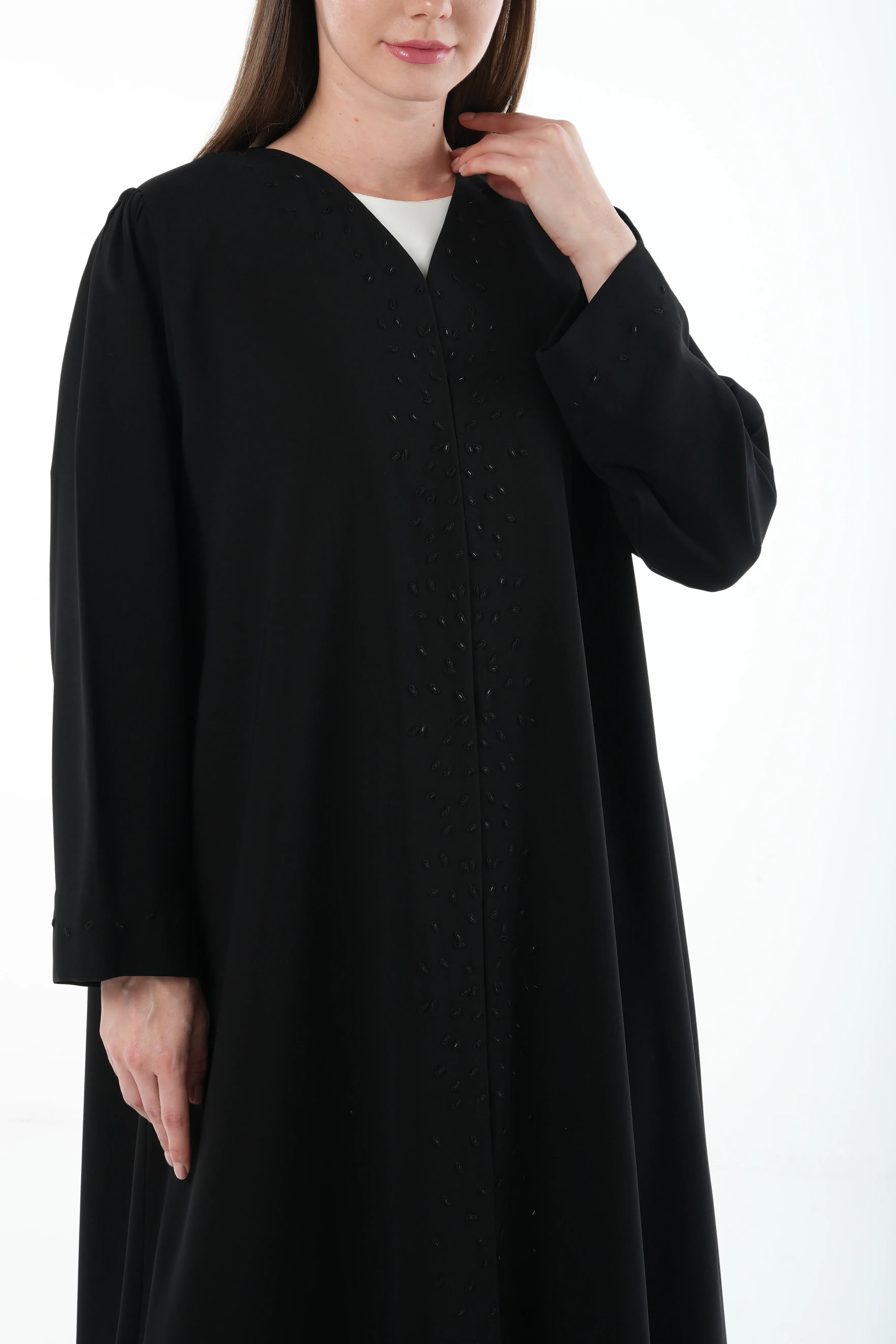 Black Wave Crepe Abaya with Beadwork Embroidery