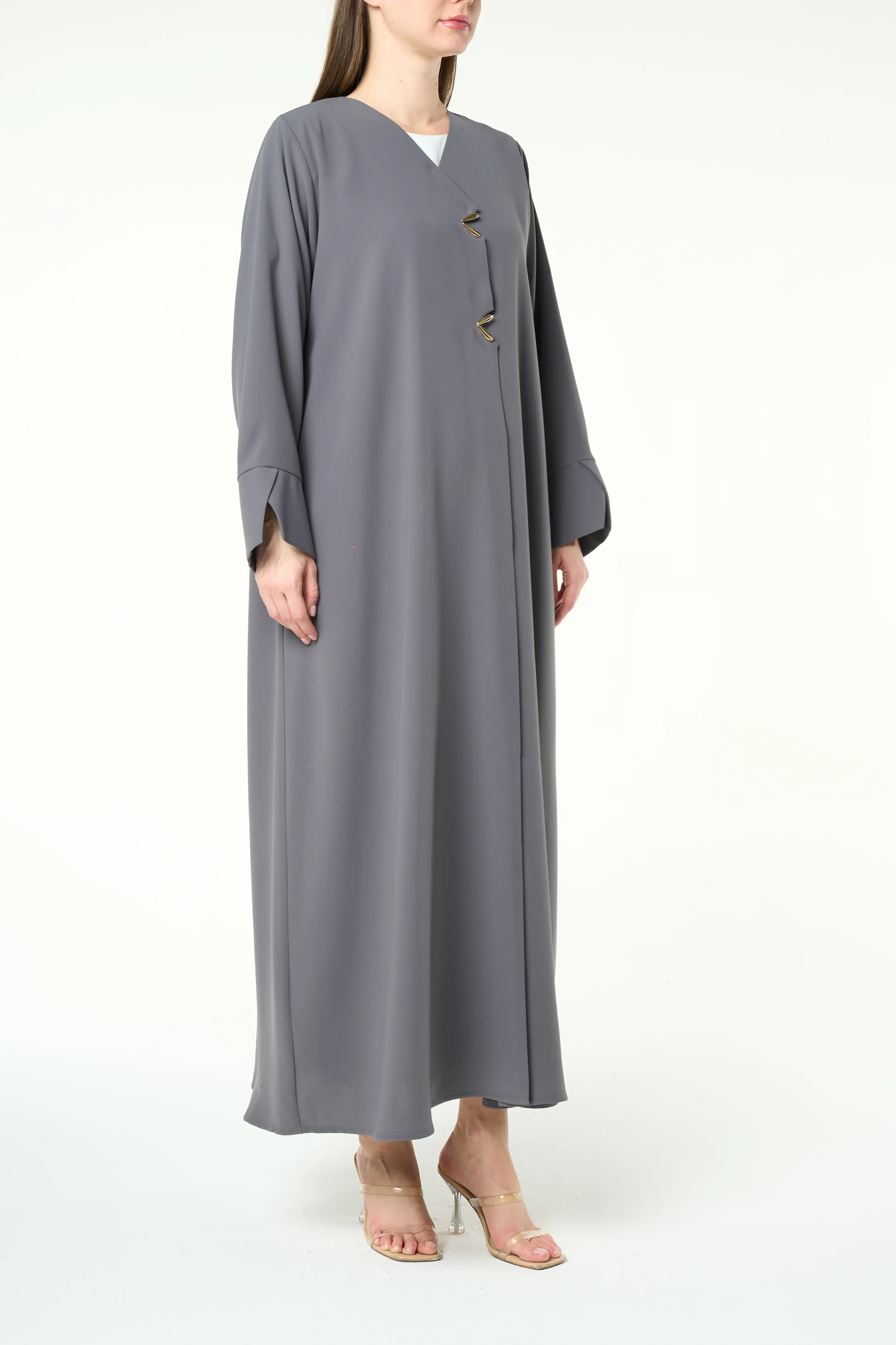 Grey Aroma Crepe Abaya with Gold Accent Buttons