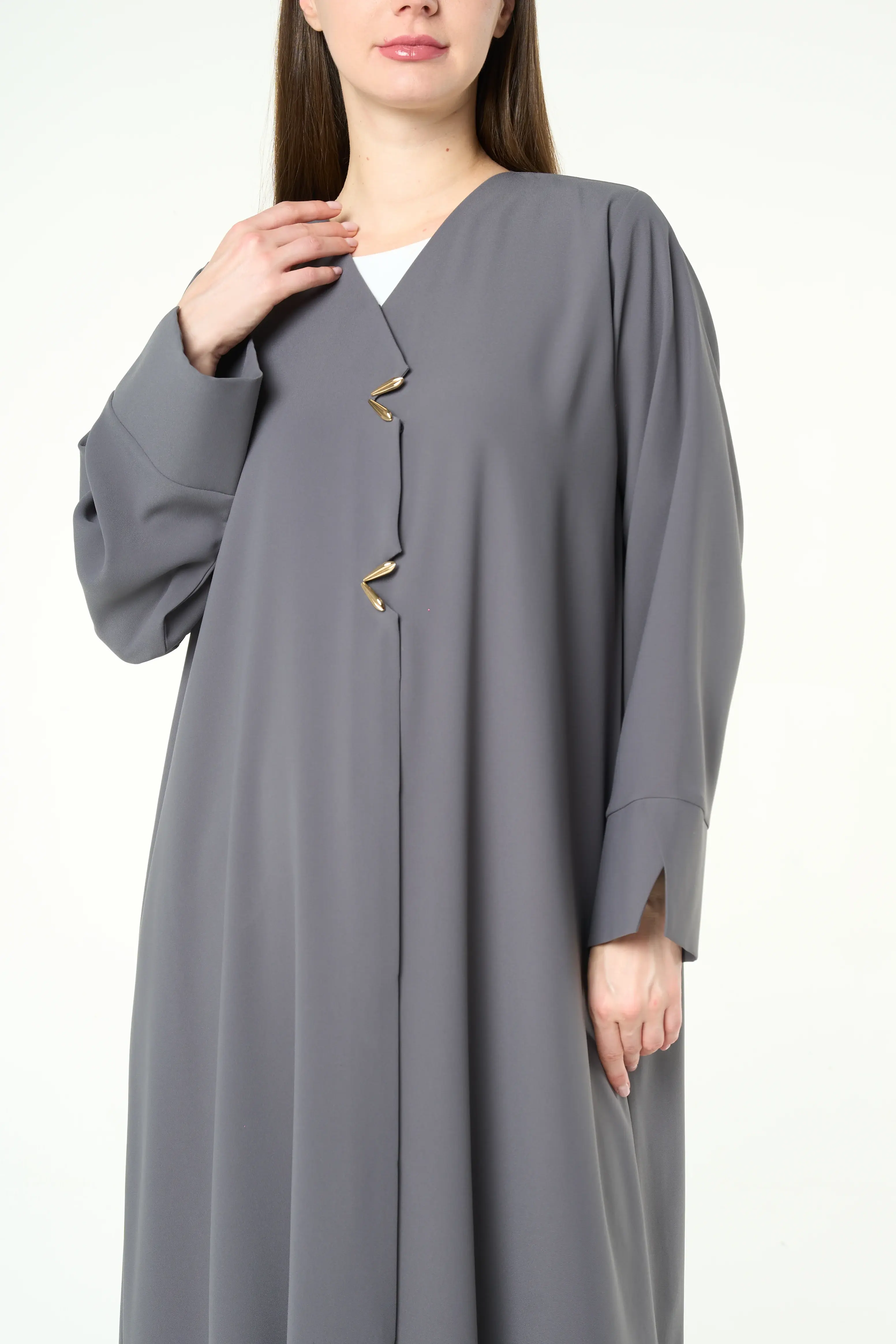 Grey Aroma Crepe Abaya with Gold Accent Buttons