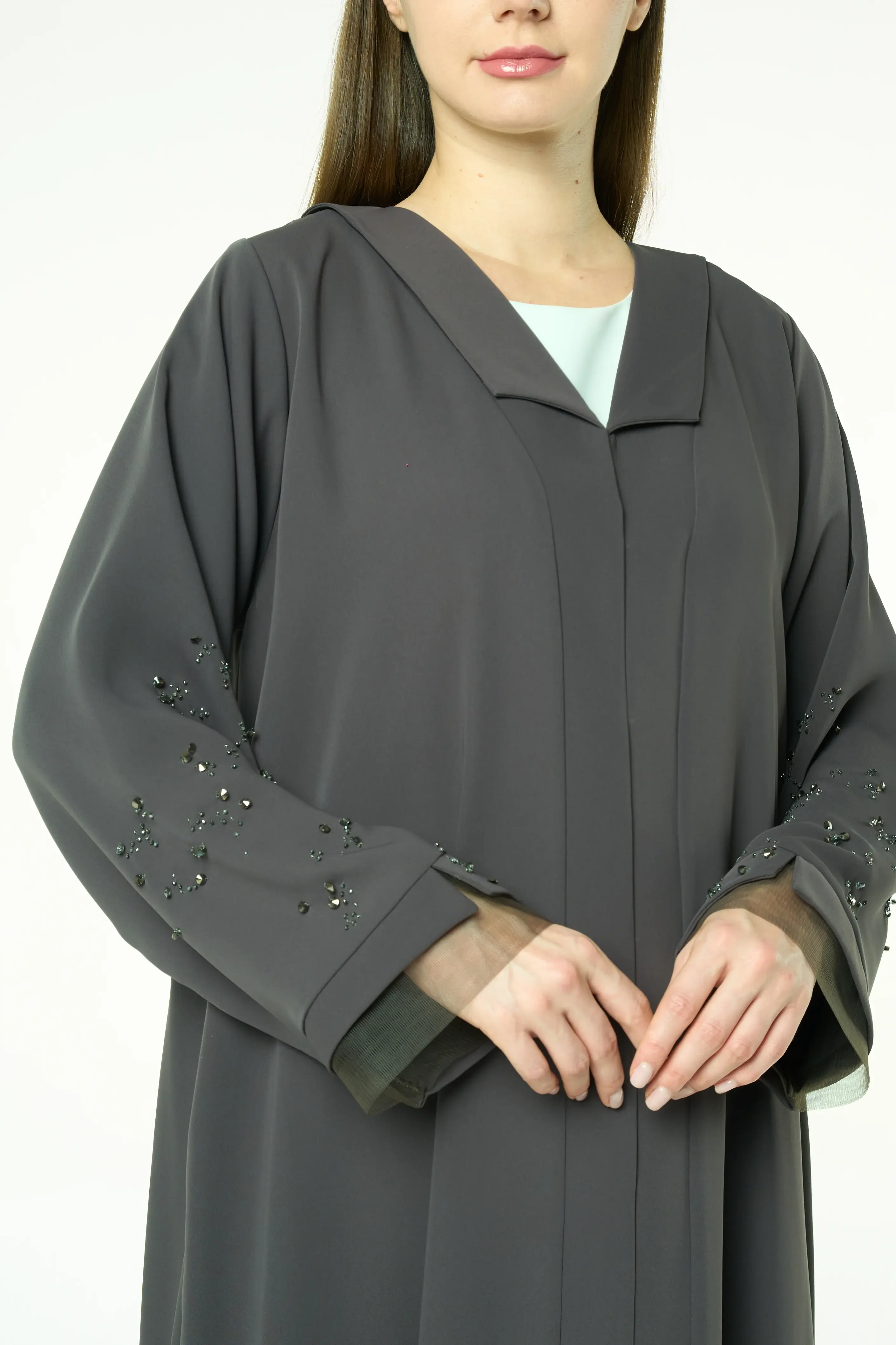 Green Zoe Crepe Abaya with Beaded Sleeve Detail