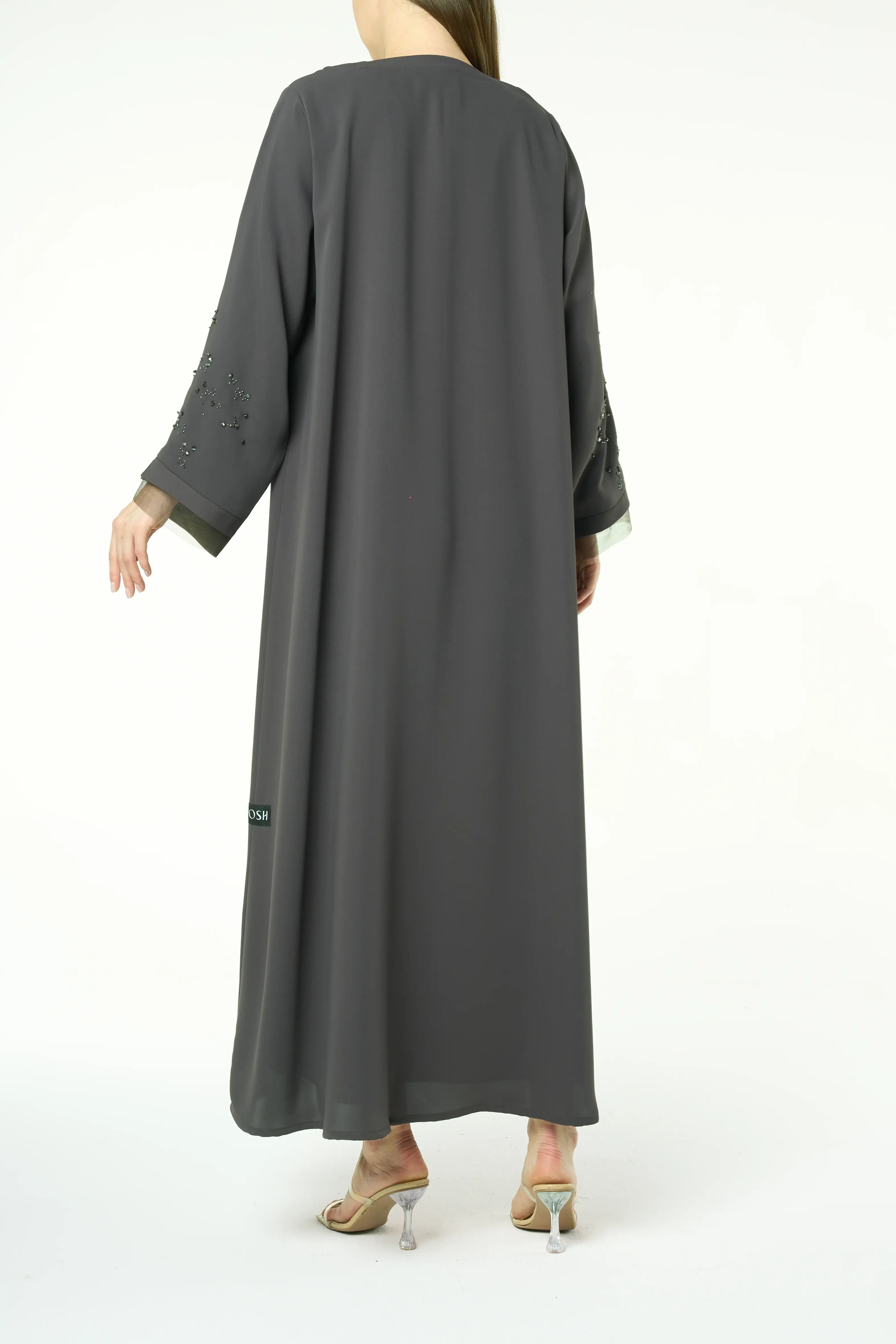 Green Zoe Crepe Abaya with Beaded Sleeve Detail
