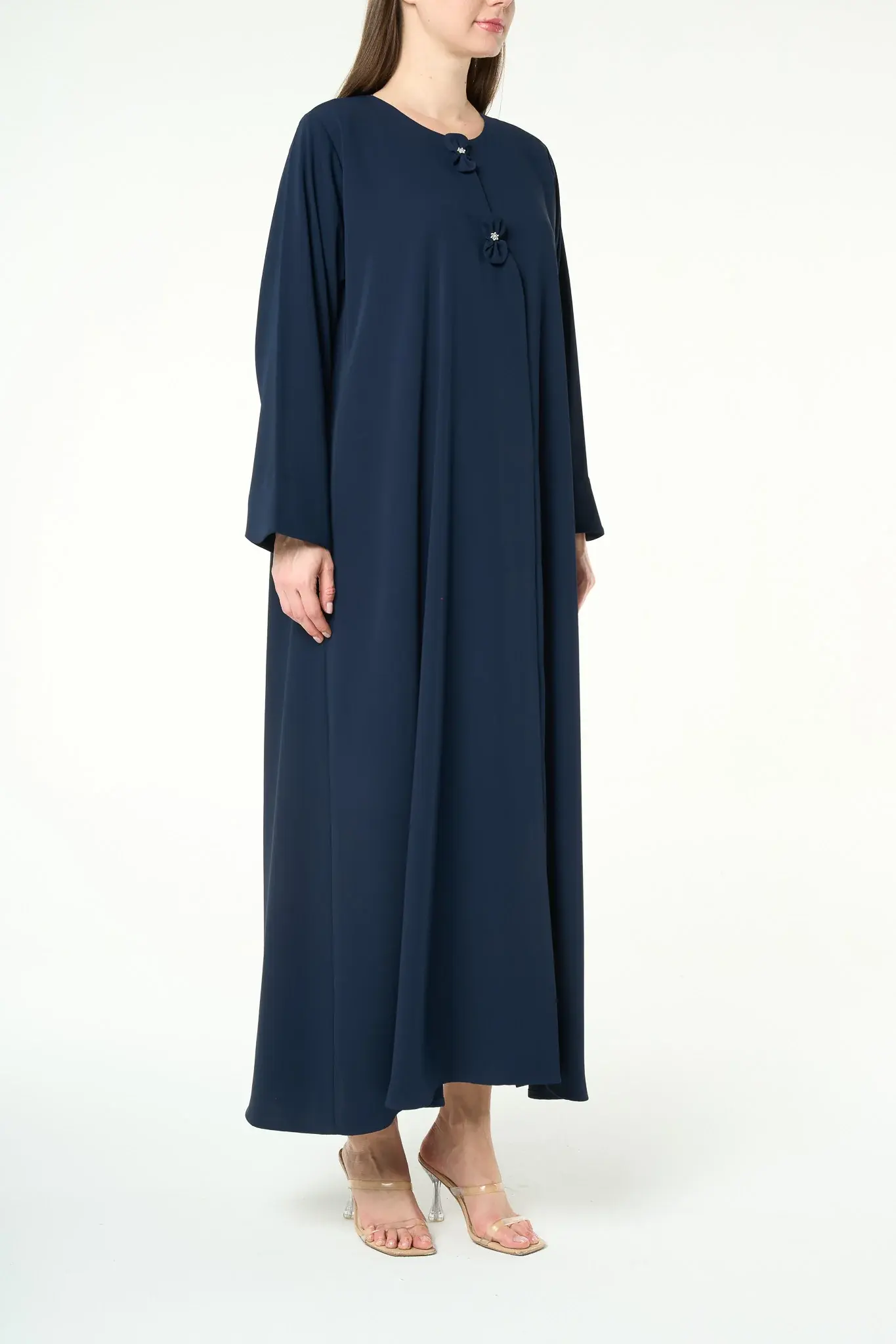 Black Reya Crepe Abaya with Decorative Bow Buttons