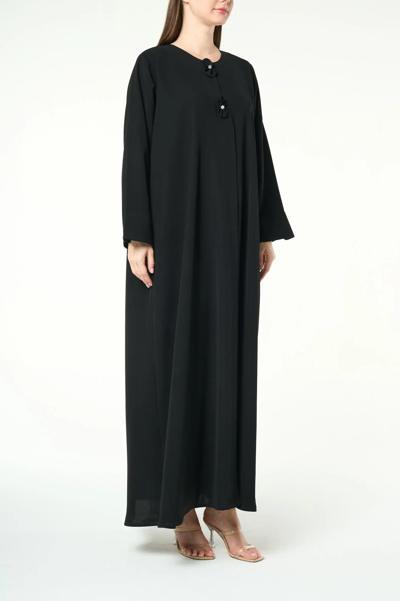 Black Reya Crepe Abaya with Decorative Bow Buttons