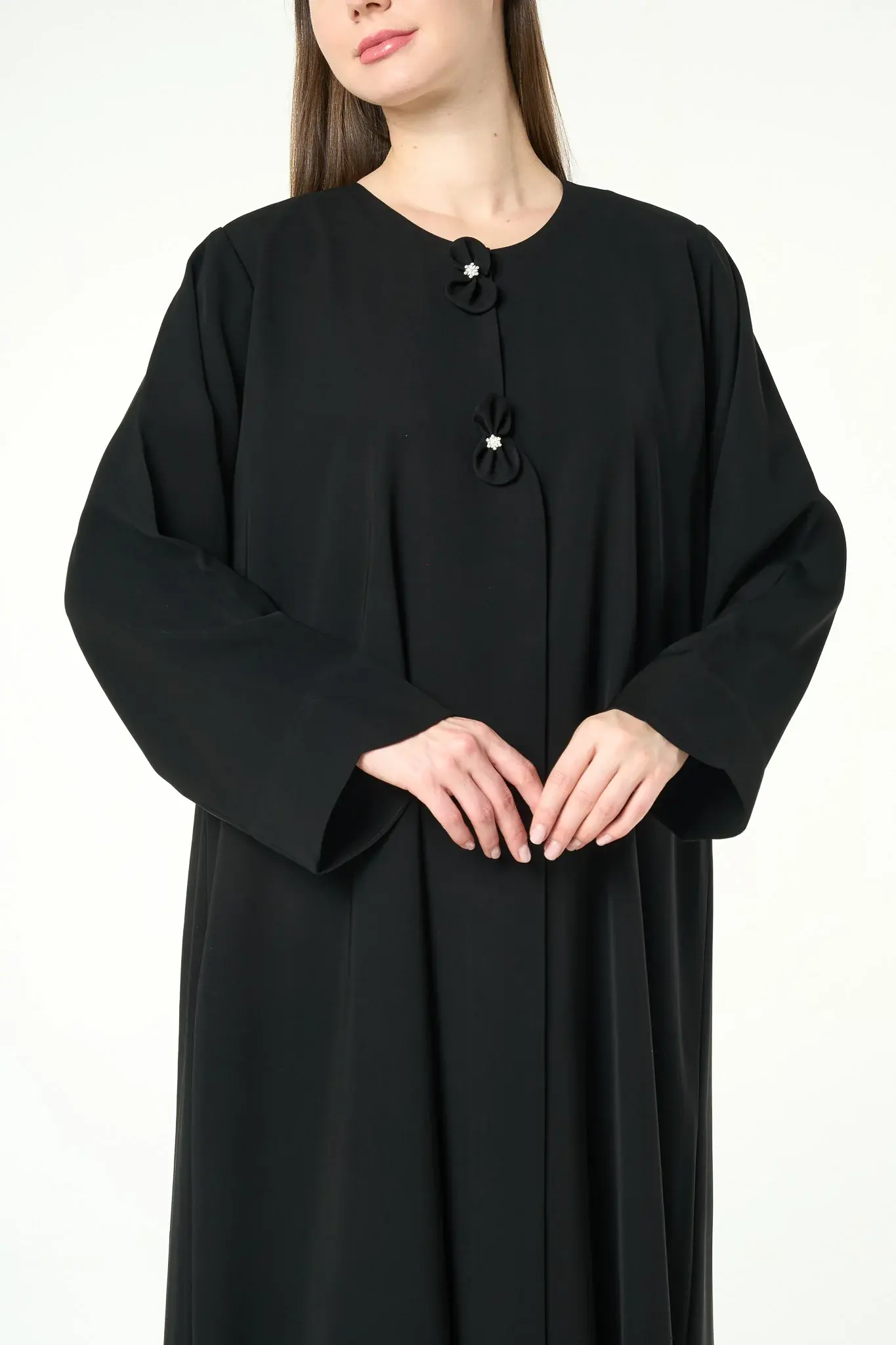 Black Reya Crepe Abaya with Decorative Bow Buttons