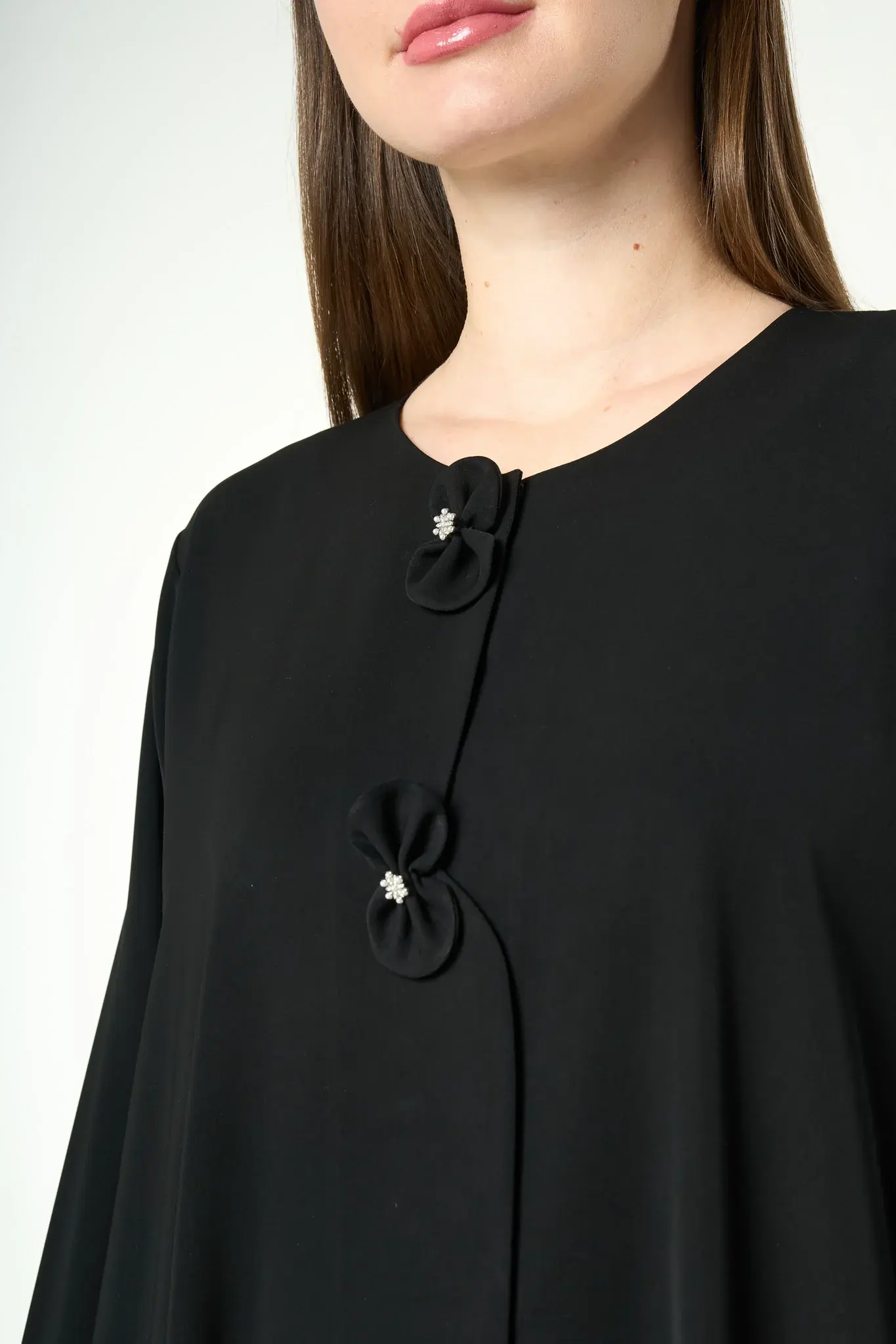 Black Reya Crepe Abaya with Decorative Bow Buttons