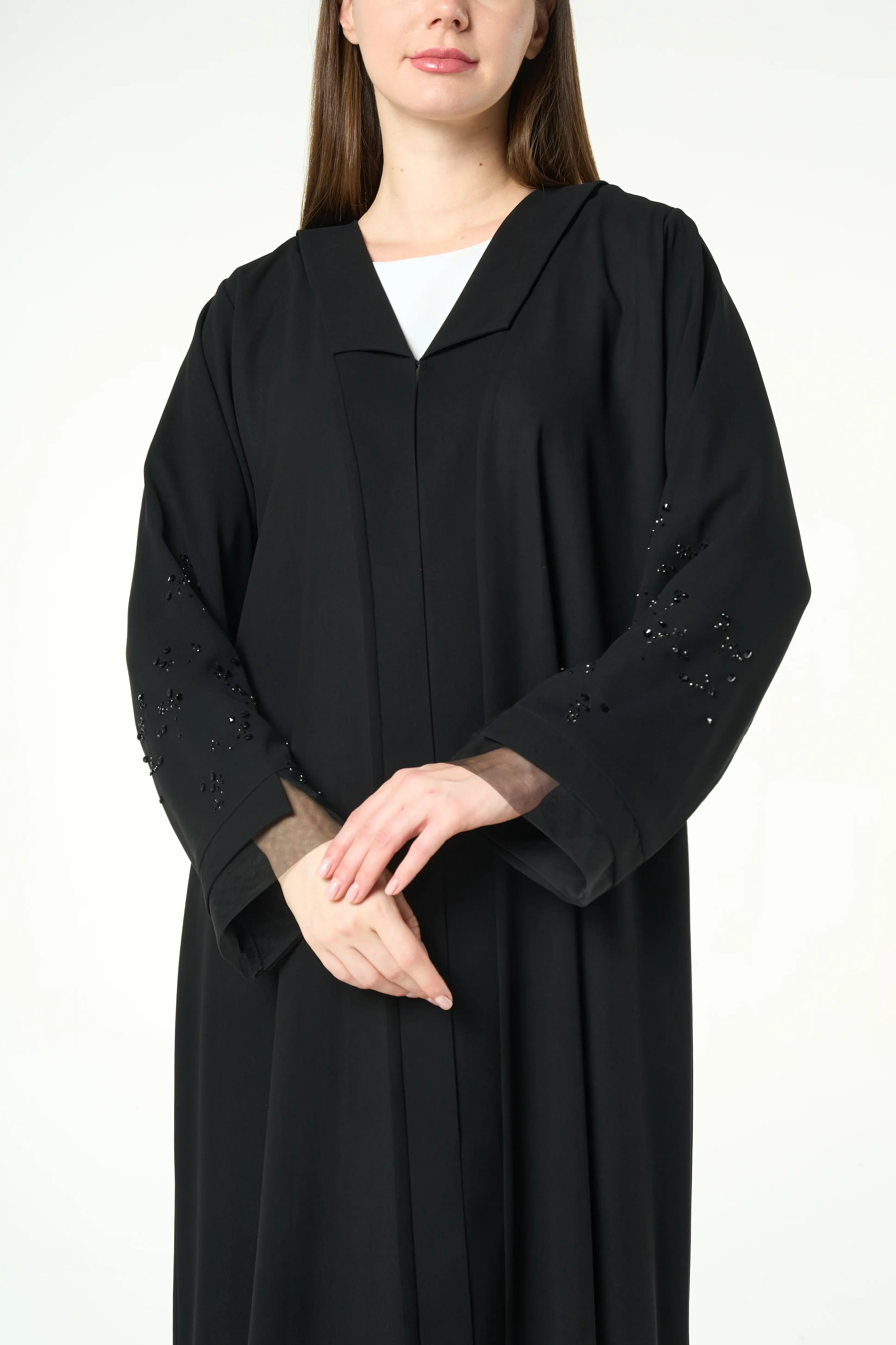 Black Shafa Crepe Abaya with Beaded Sleeve Detail