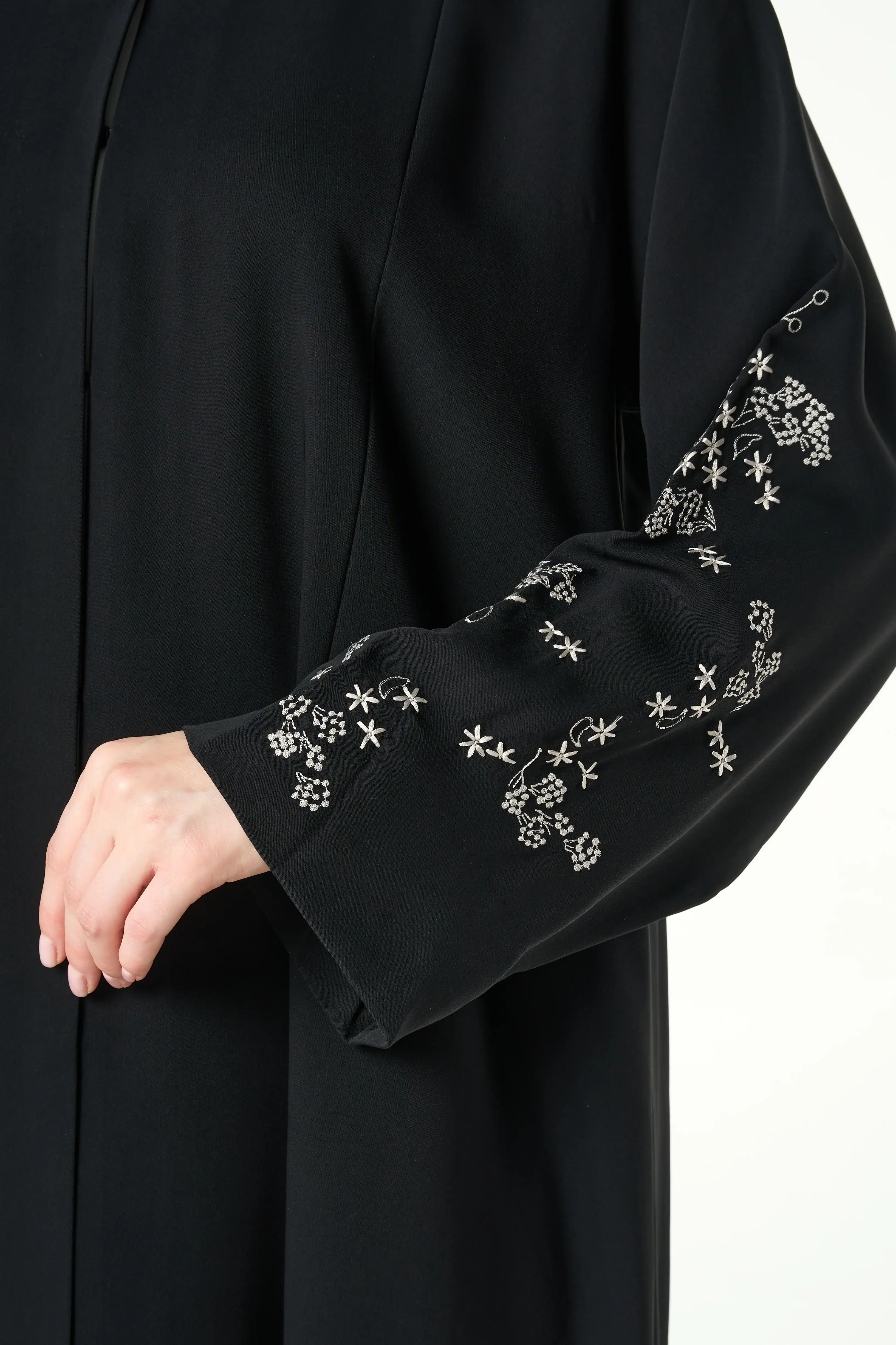 Black Layan Crepe Abaya with Tonal Sleeve Embroidery