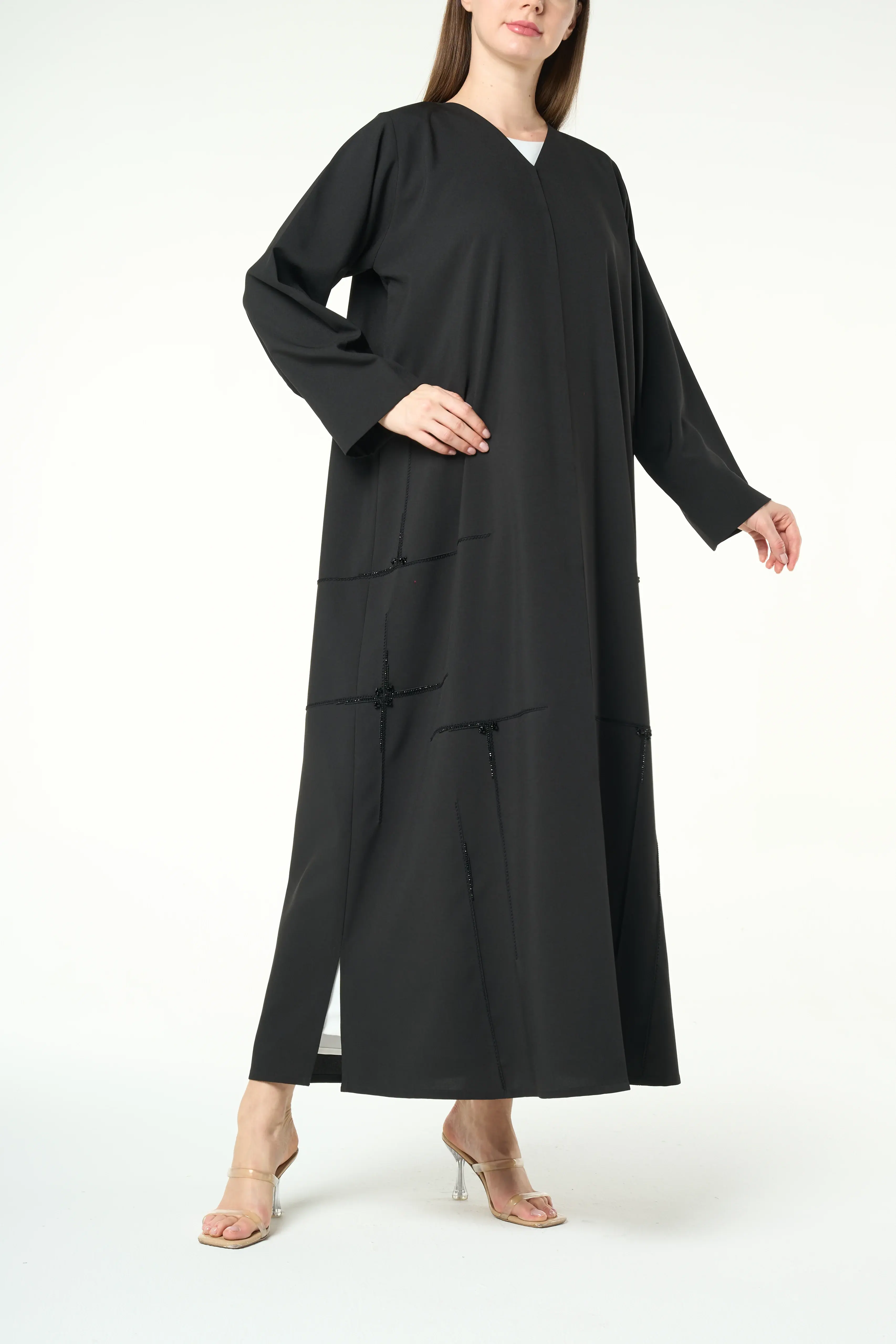 Black Kadi Abaya with Cross Bead Embroidery