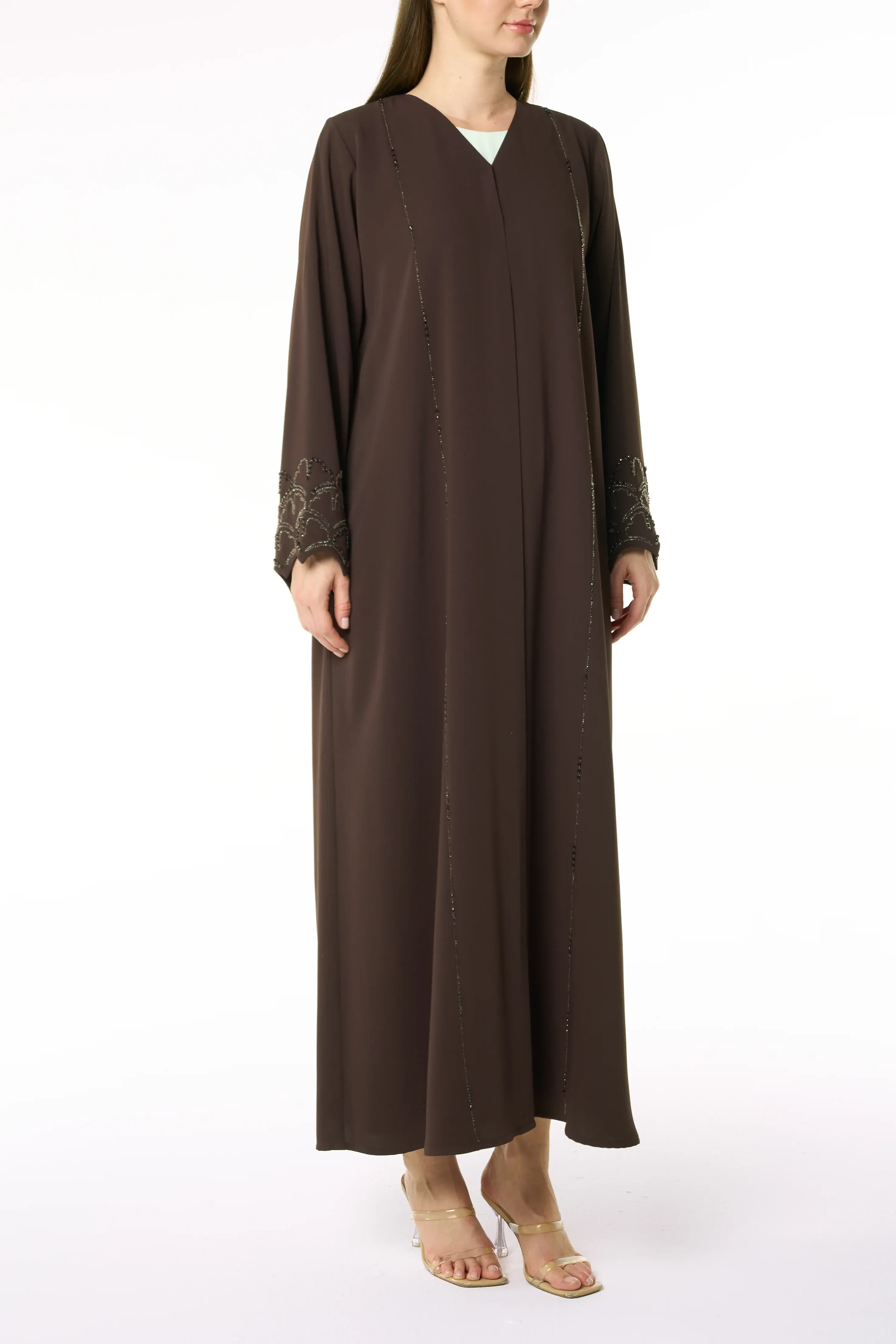 Brown Zoe Crepe Abaya with Beaded Sleeve Embroidery