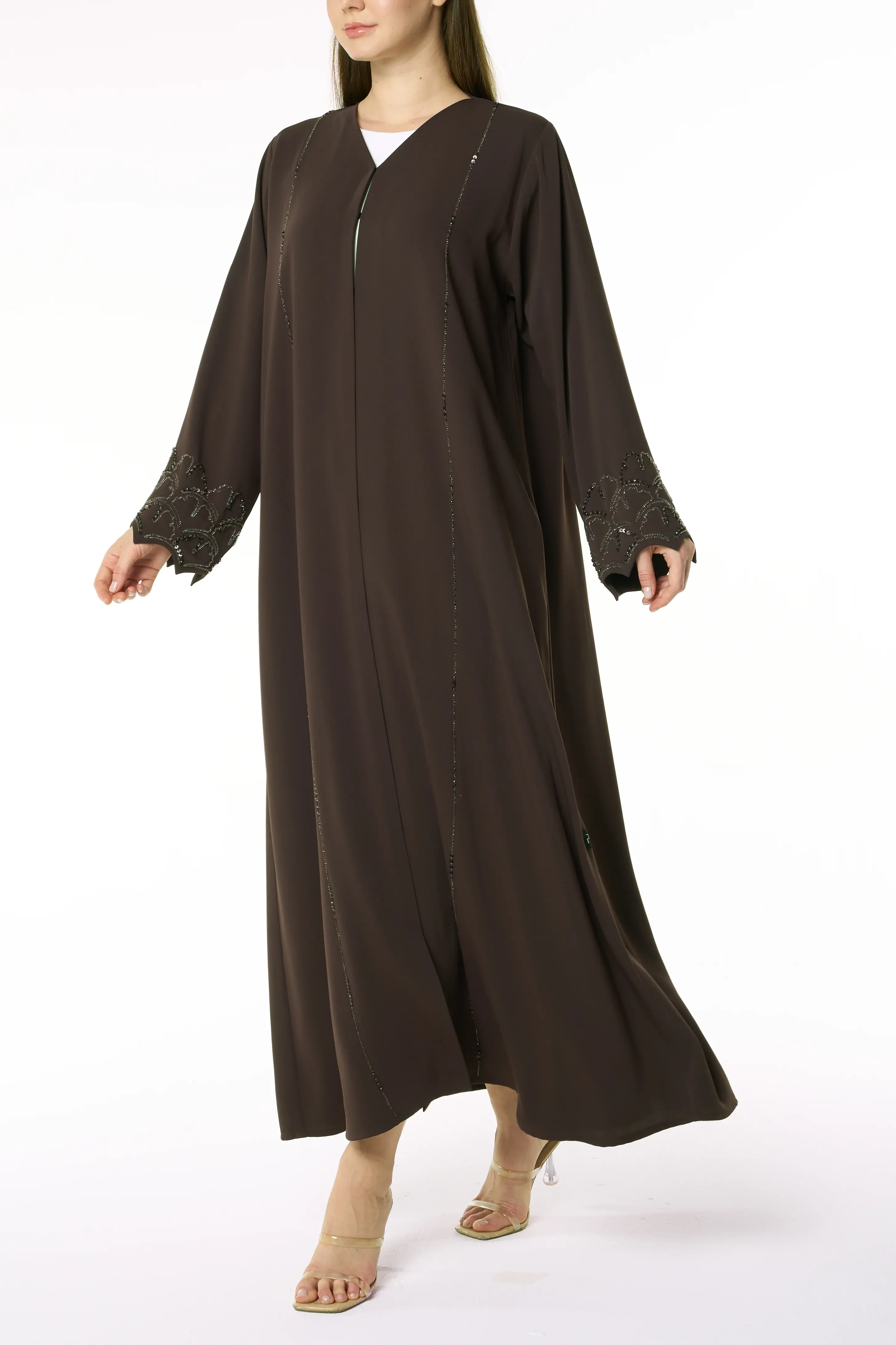 Brown Zoe Crepe Abaya with Beaded Sleeve Embroidery