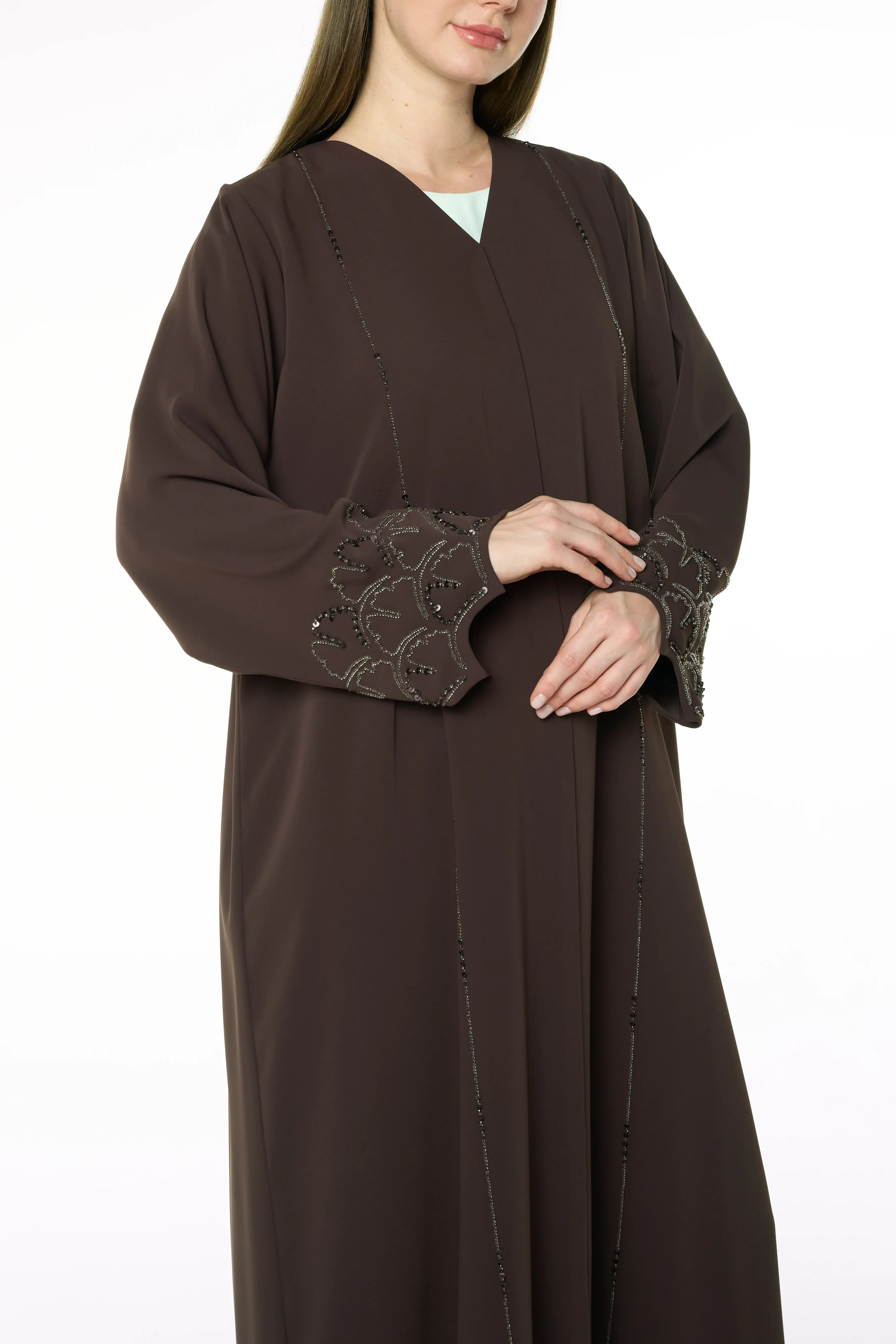 Brown Zoe Crepe Abaya with Beaded Sleeve Embroidery