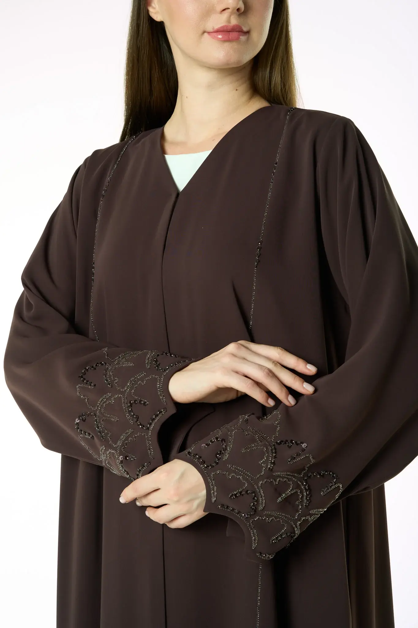 Brown Zoe Crepe Abaya with Beaded Sleeve Embroidery