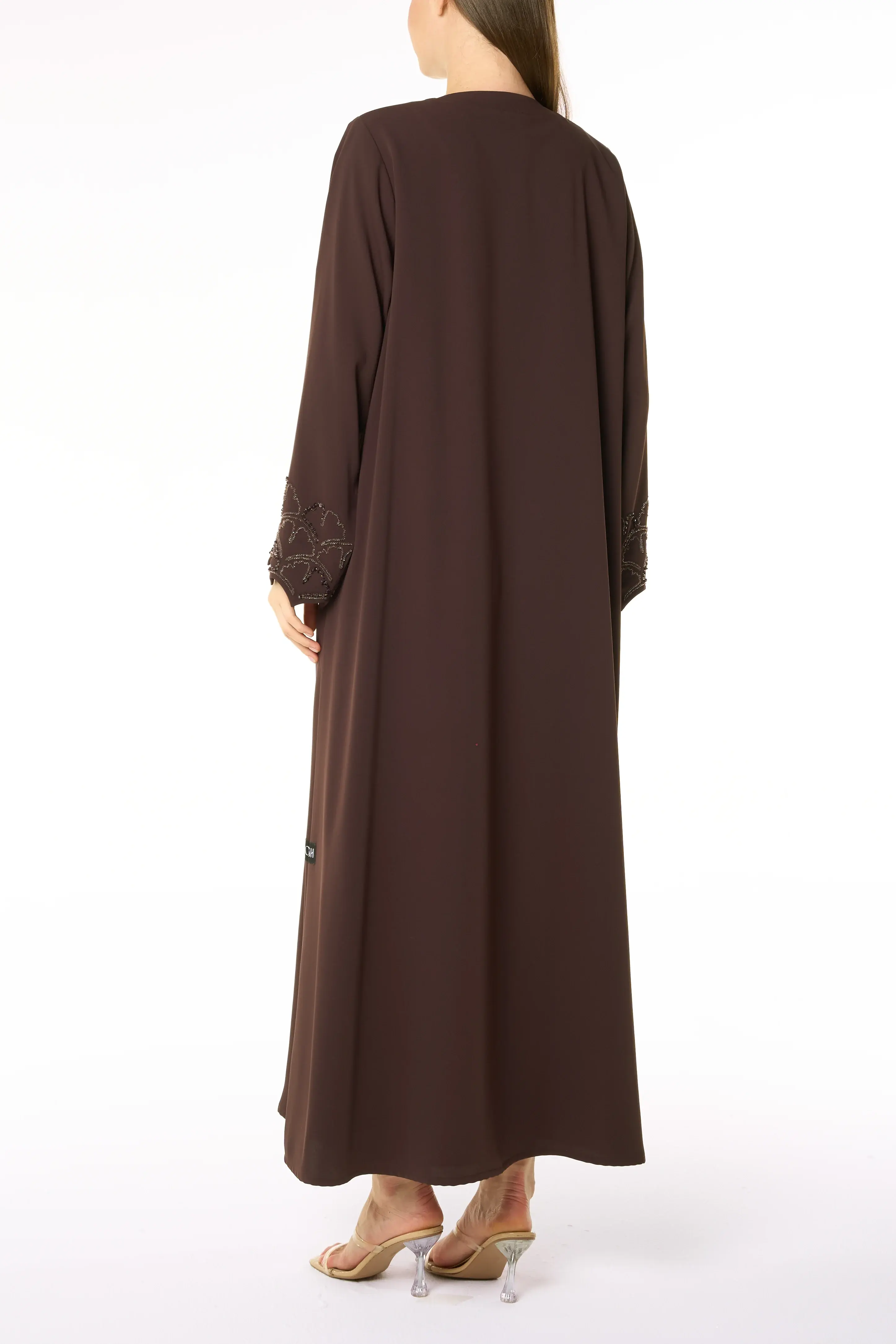 Brown Zoe Crepe Abaya with Beaded Sleeve Embroidery