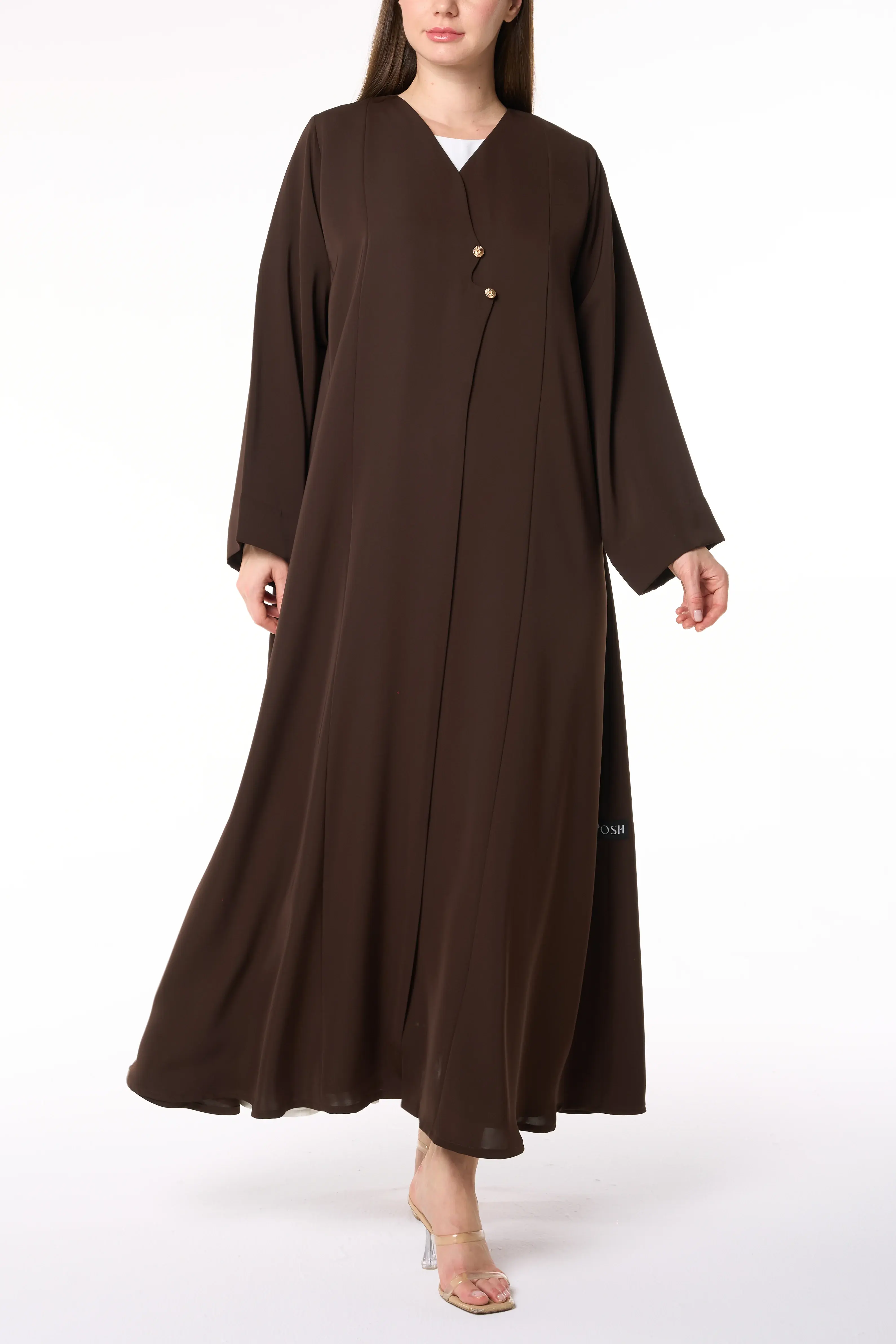 Brown Reem Nada Abaya with Golden Accent Buttons