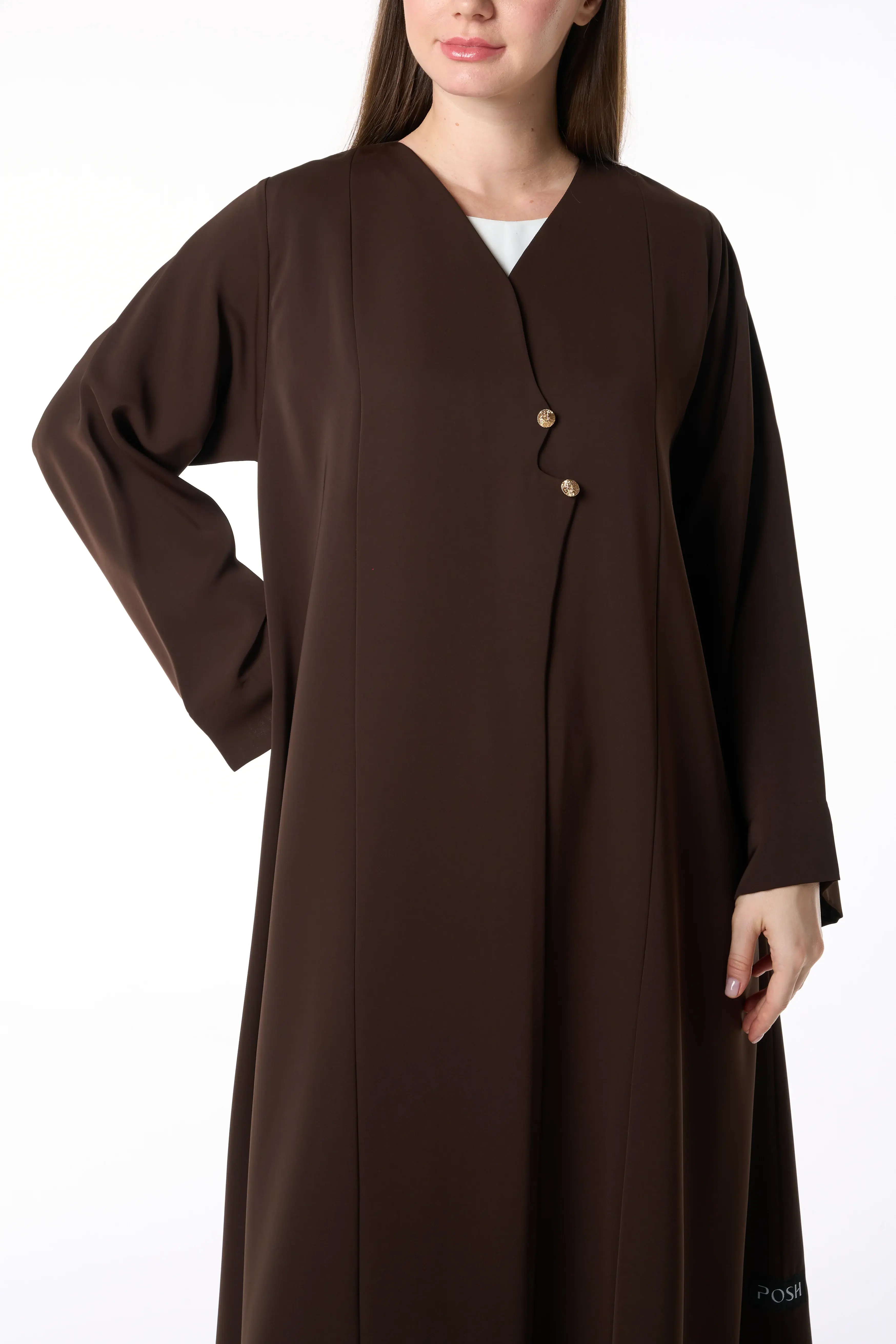 Brown Reem Nada Abaya with Golden Accent Buttons