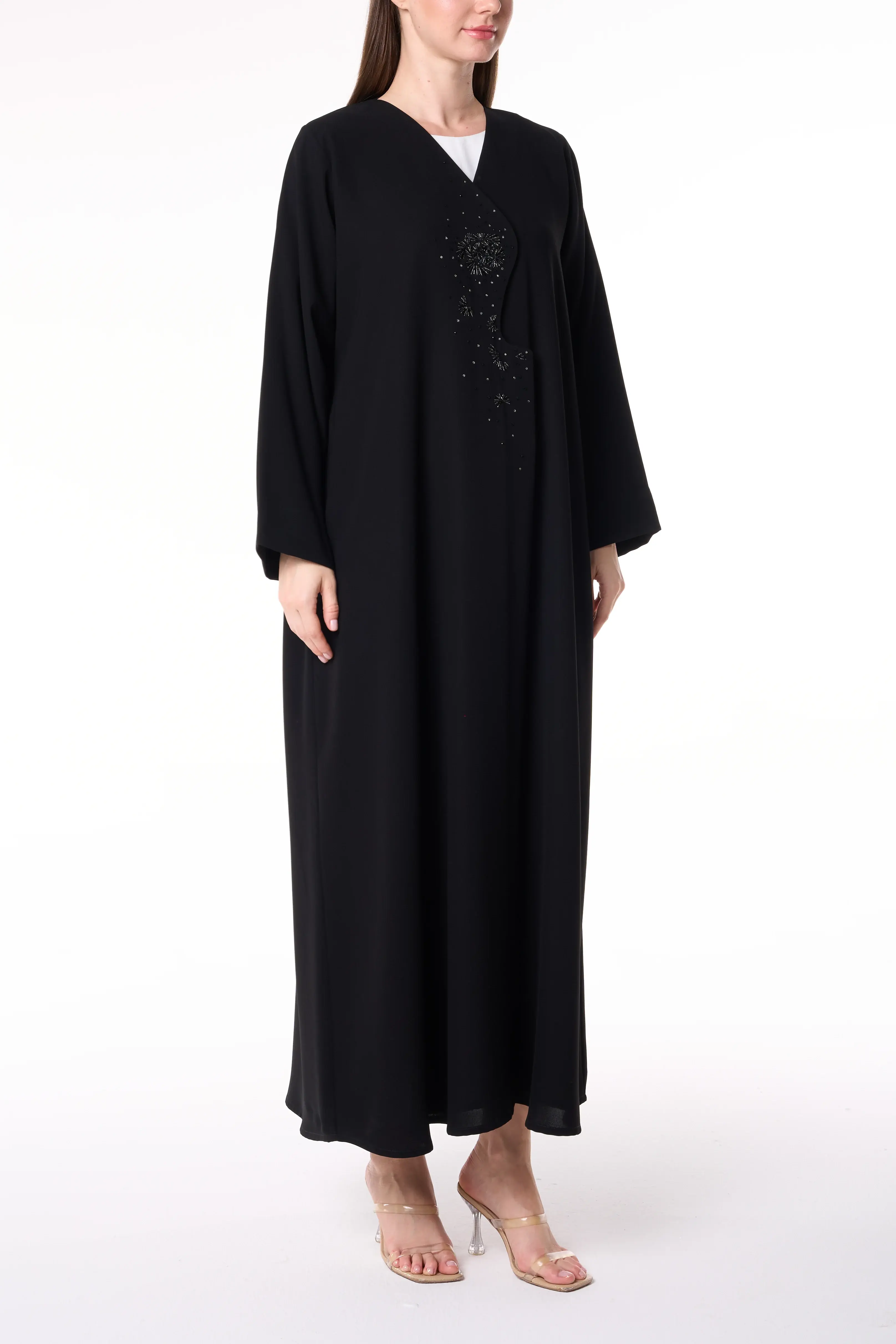 Black Jaime Crepe Abaya with Beadwork Accents