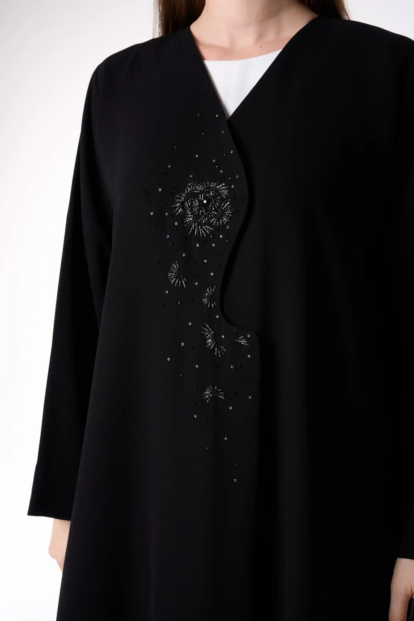 Black Jaime Crepe Abaya with Beadwork Accents