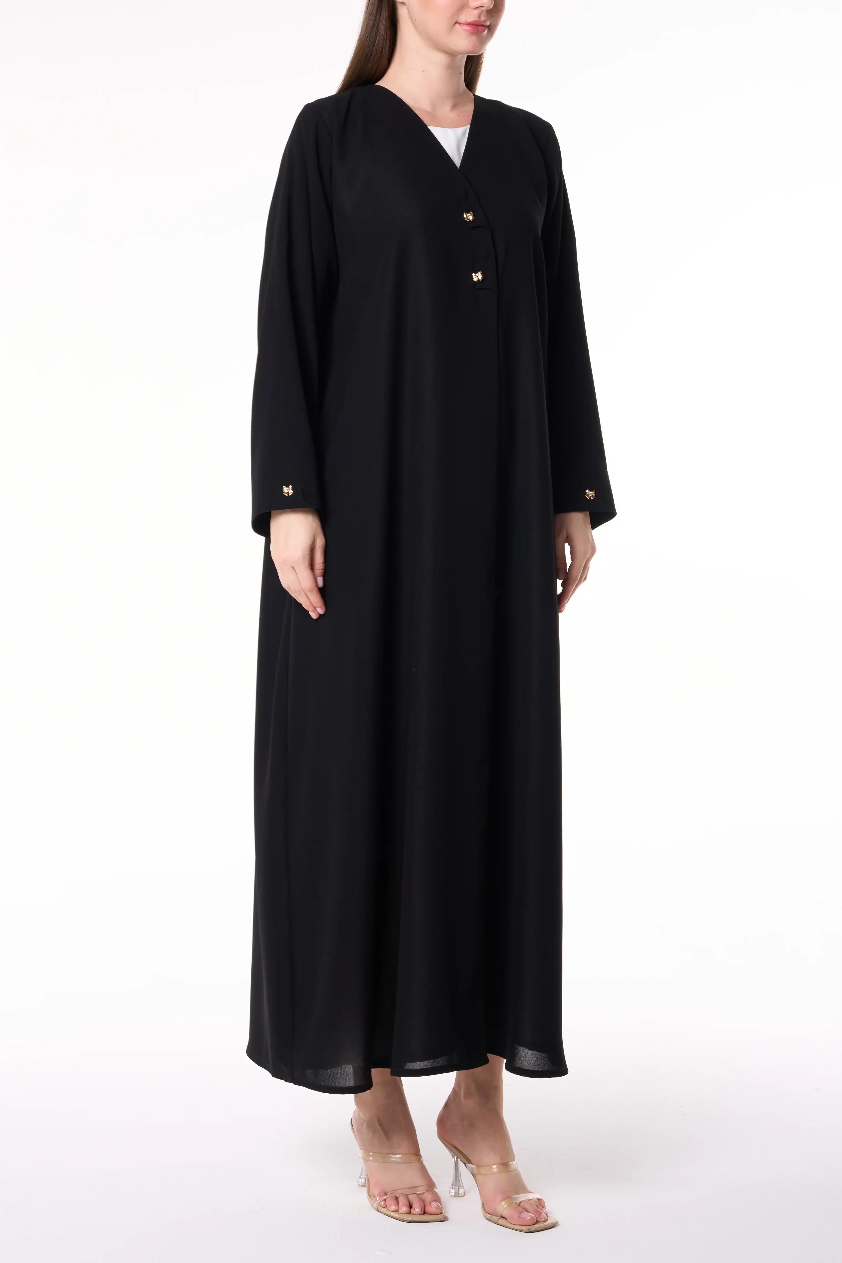 Black Shafa Crepe Abaya with Golden Bow Buttons