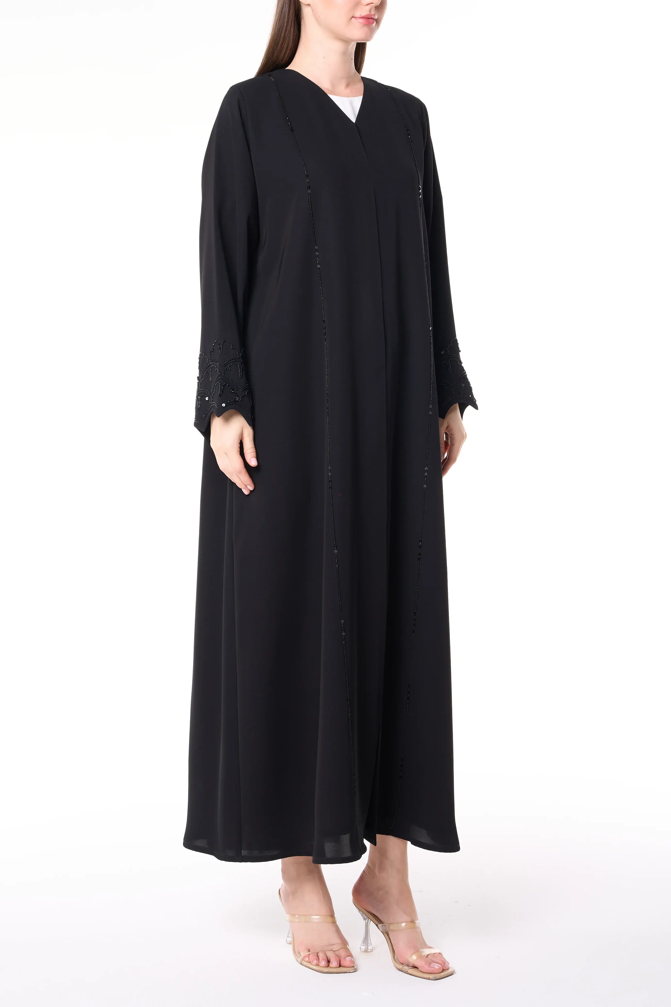 Black Farasha Crepe Abaya with Beaded Sleeve Embroidery