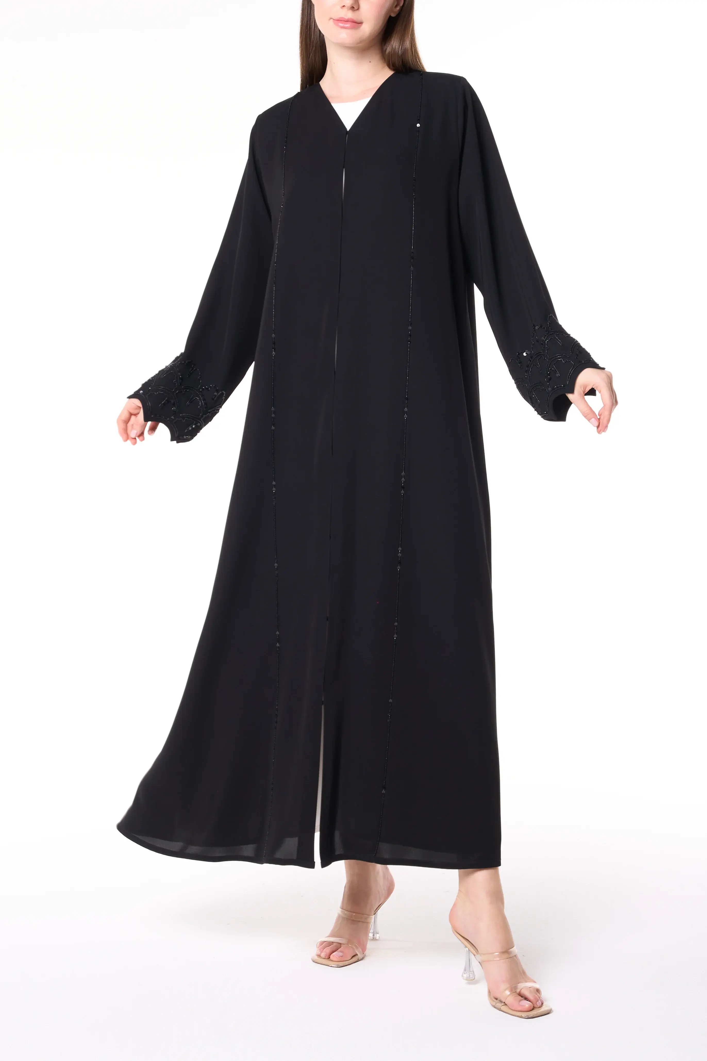 Black Farasha Crepe Abaya with Beaded Sleeve Embroidery
