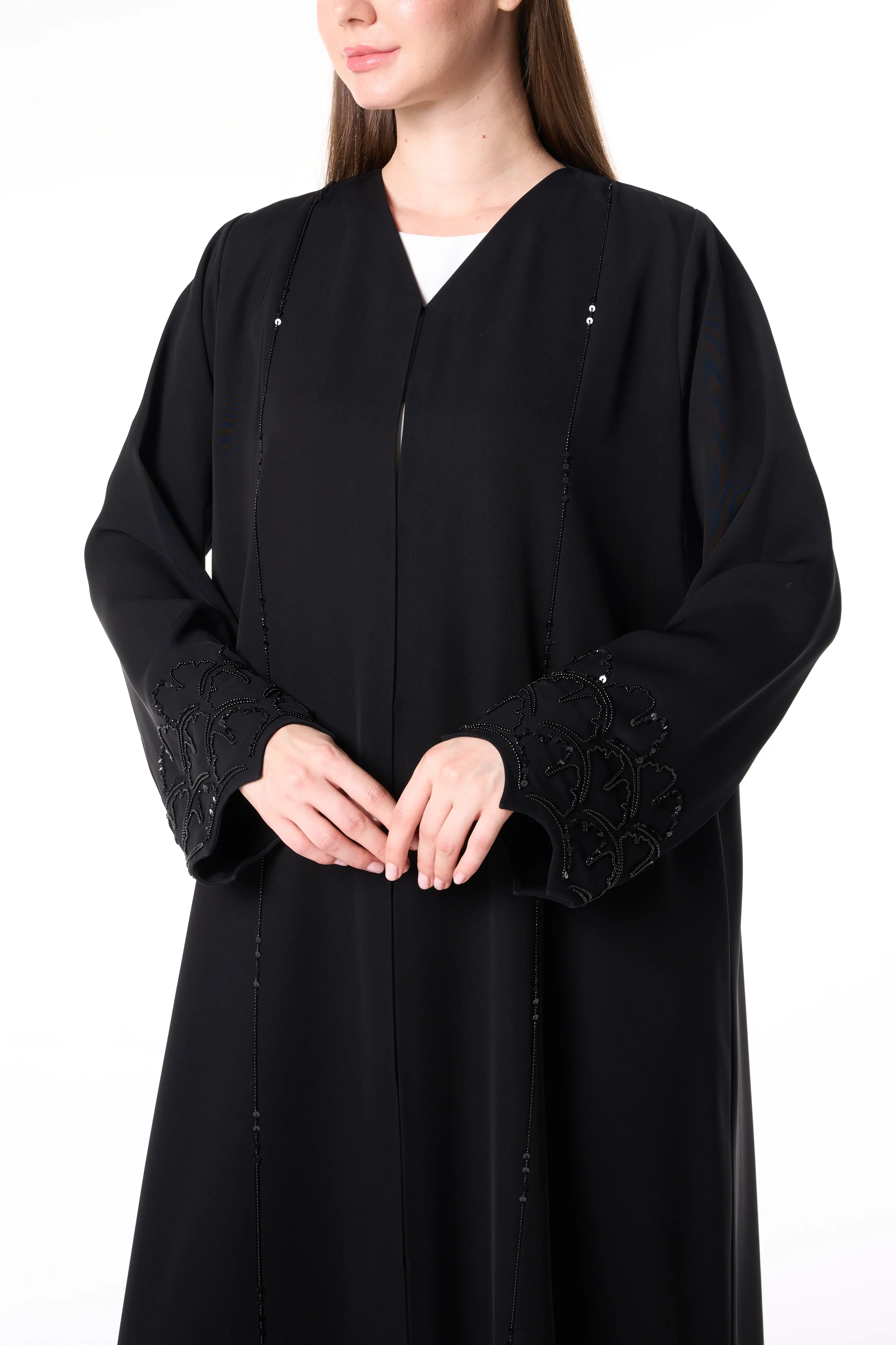 Black Farasha Crepe Abaya with Beaded Sleeve Embroidery