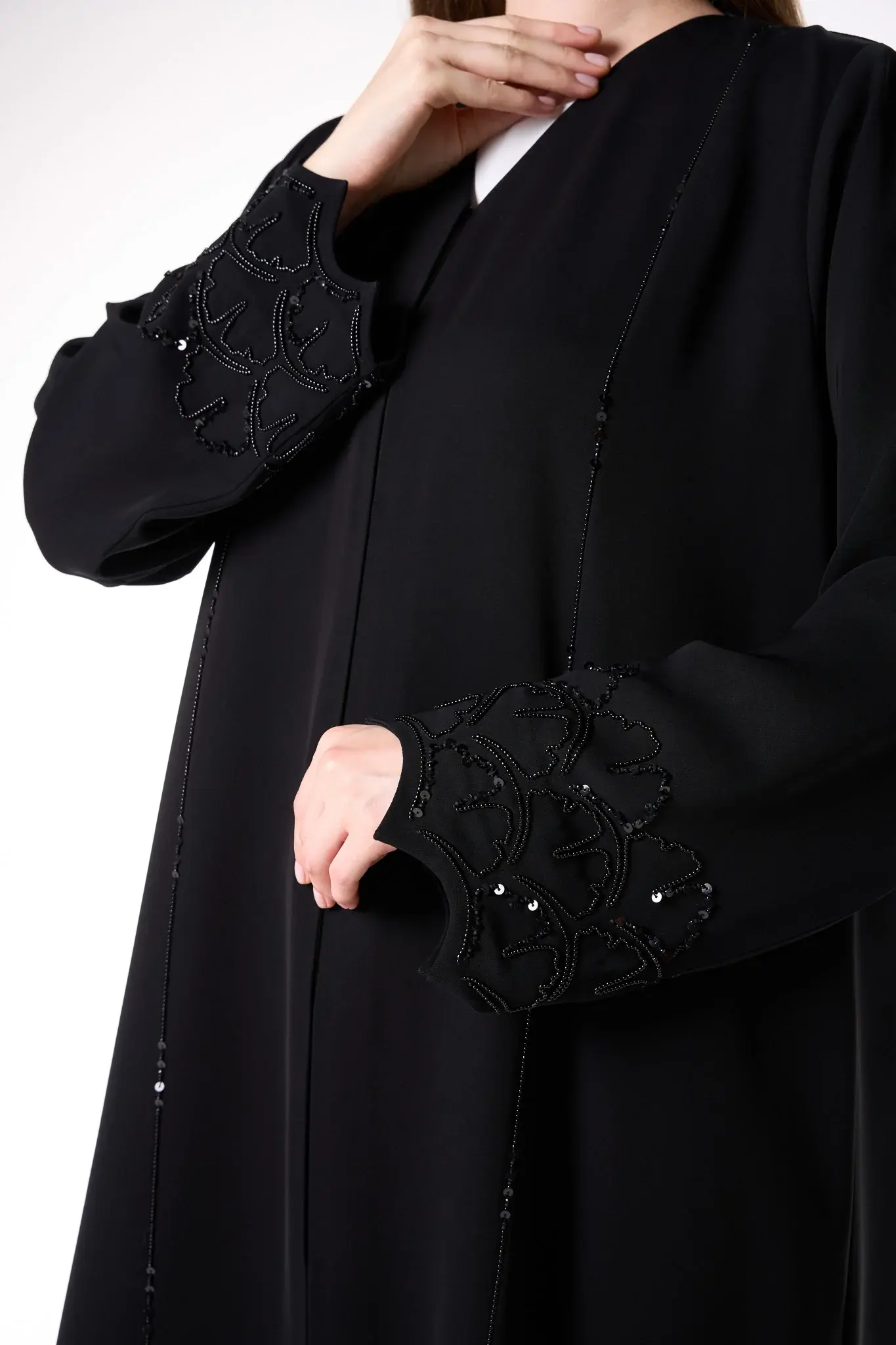 Black Farasha Crepe Abaya with Beaded Sleeve Embroidery