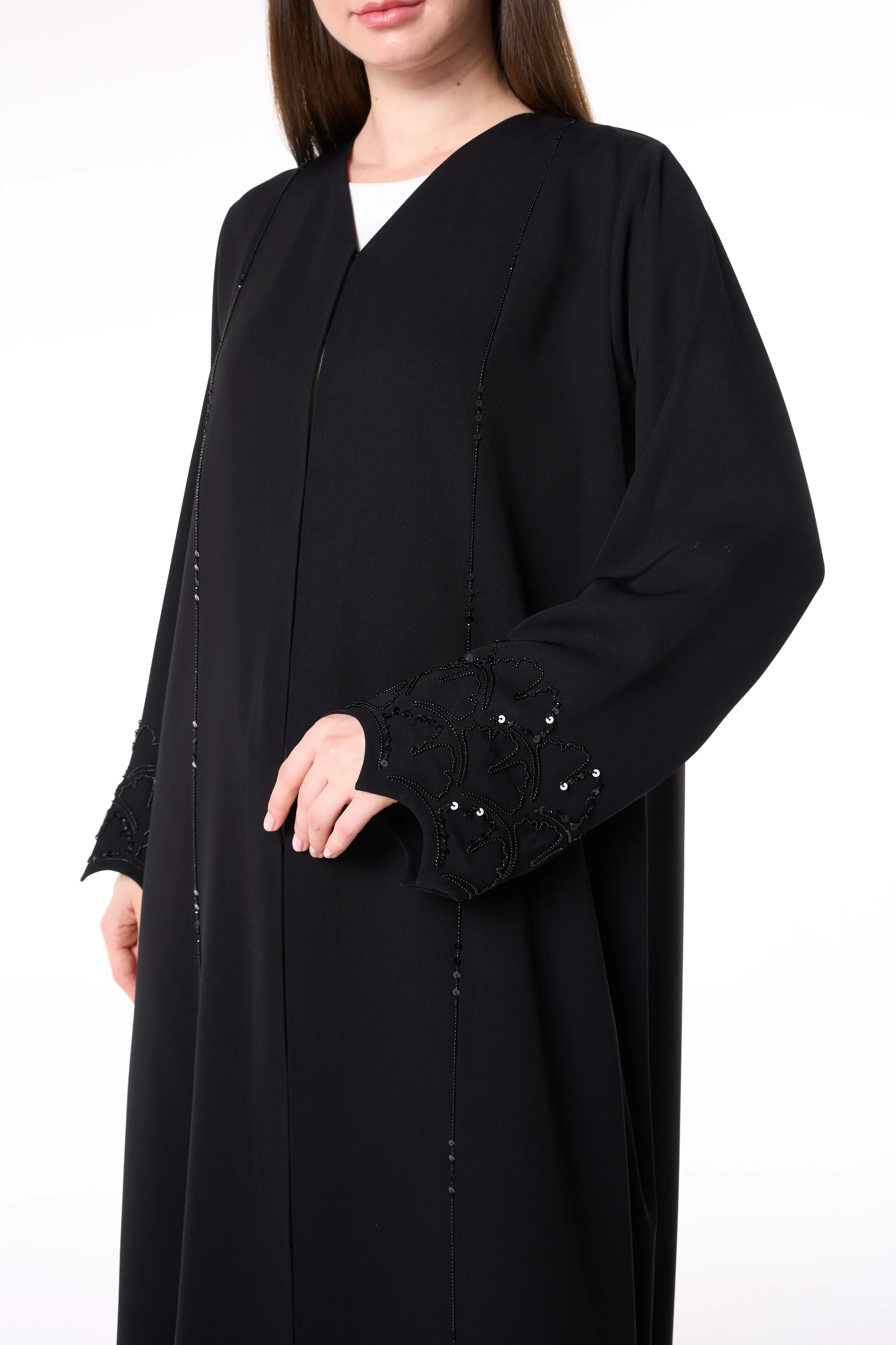 Black Farasha Crepe Abaya with Beaded Sleeve Embroidery