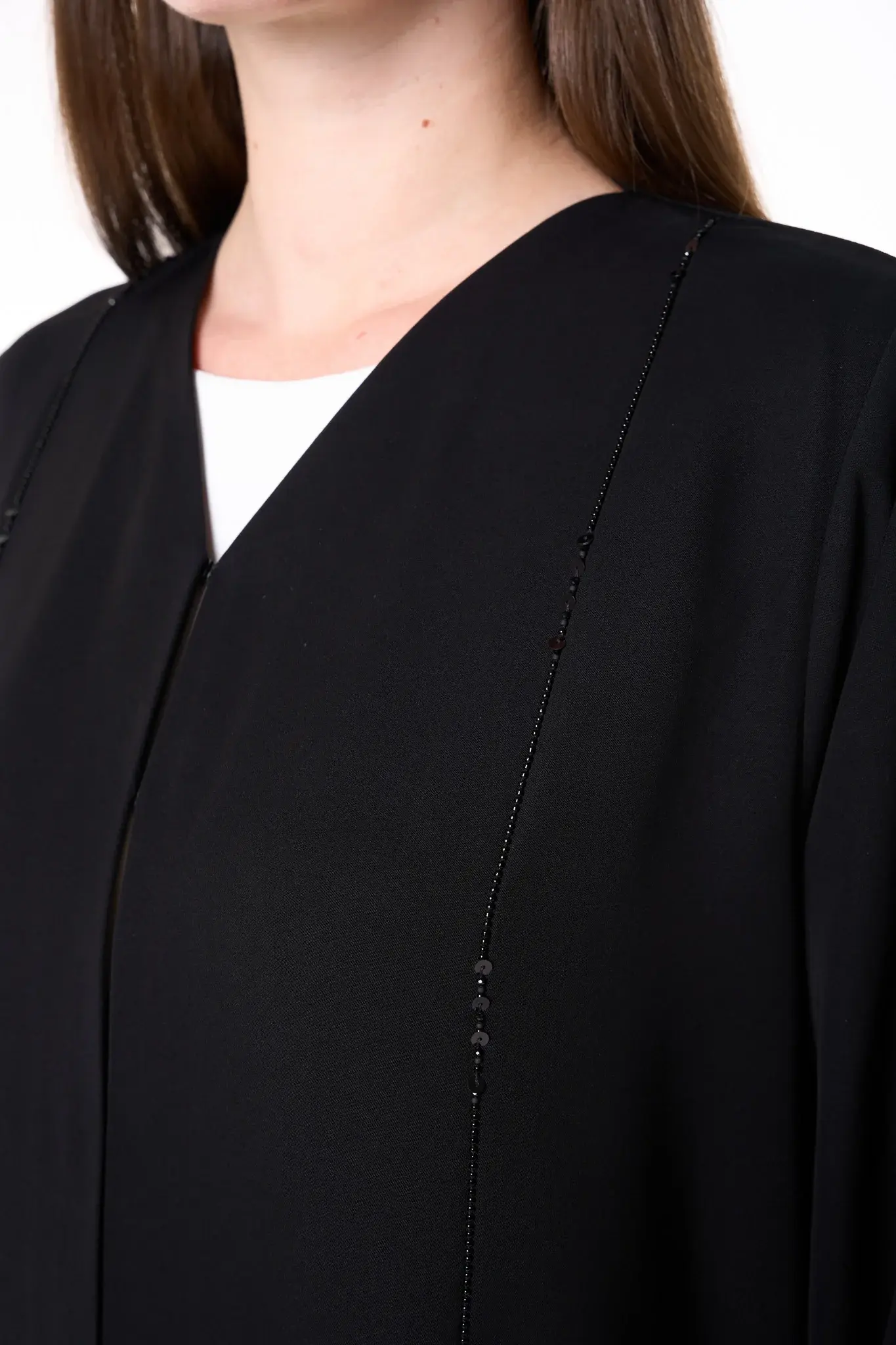 Black Farasha Crepe Abaya with Beaded Sleeve Embroidery