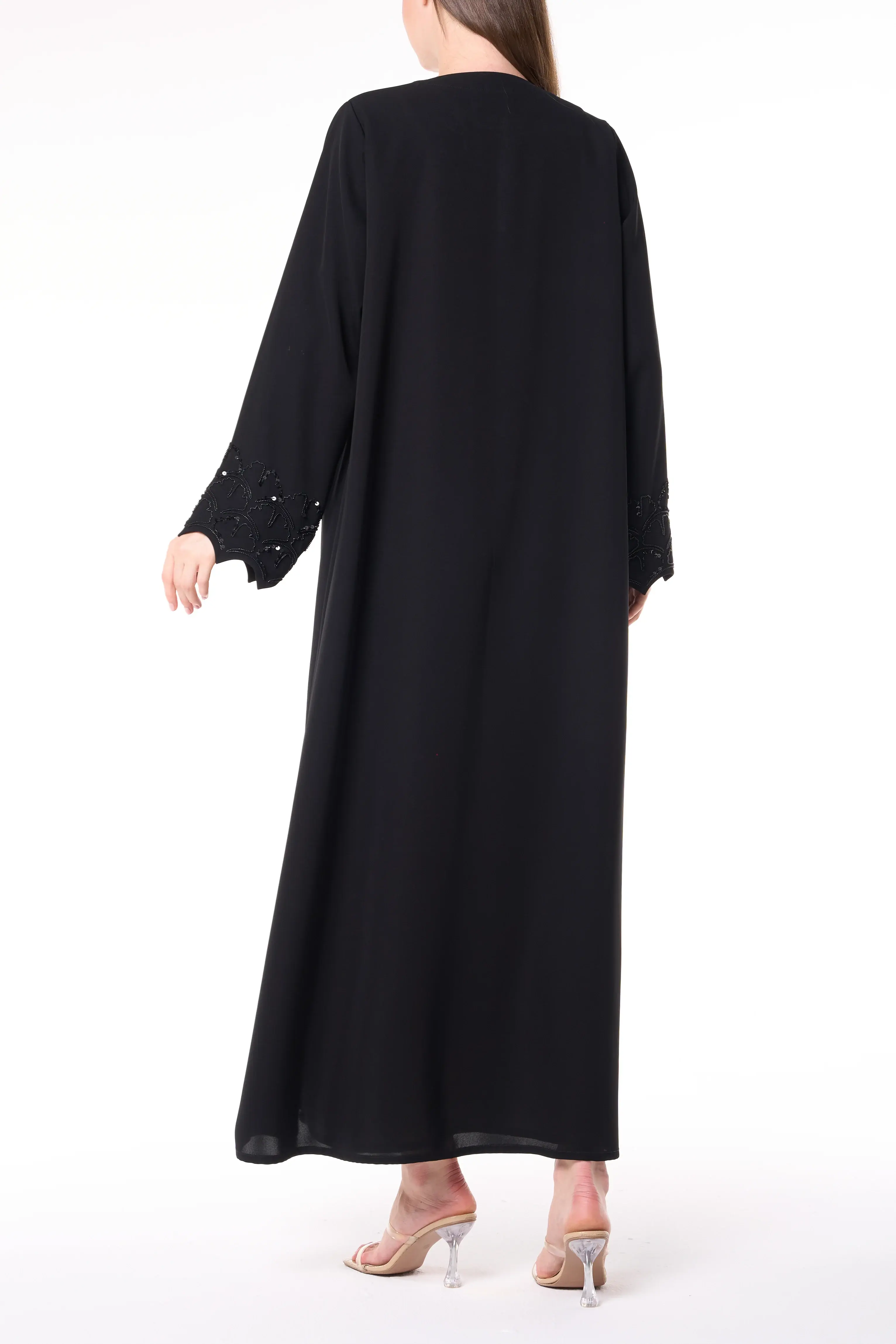 Black Farasha Crepe Abaya with Beaded Sleeve Embroidery