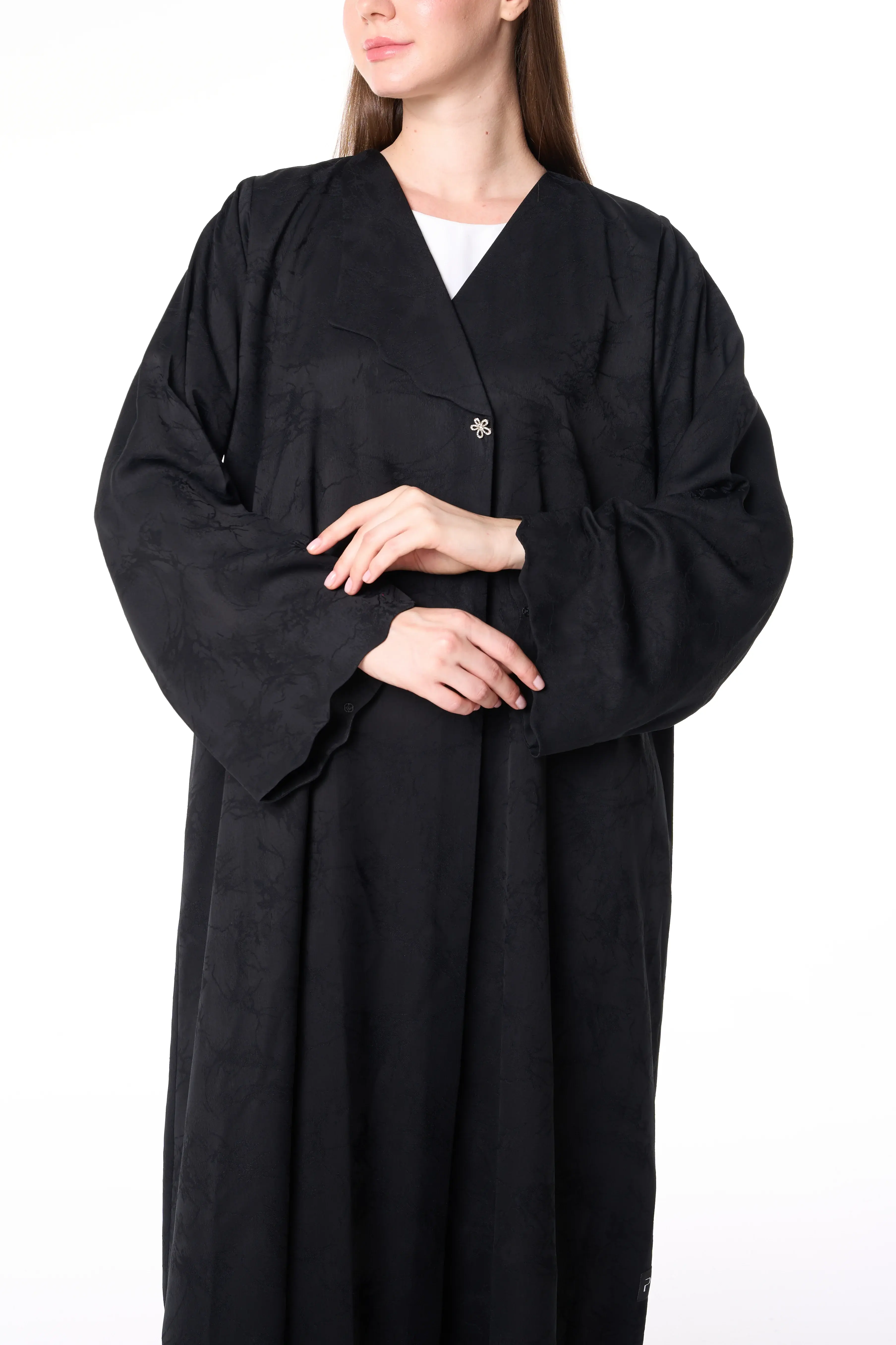 Black Jamaica Jacquard Abaya with V-Neck Collar