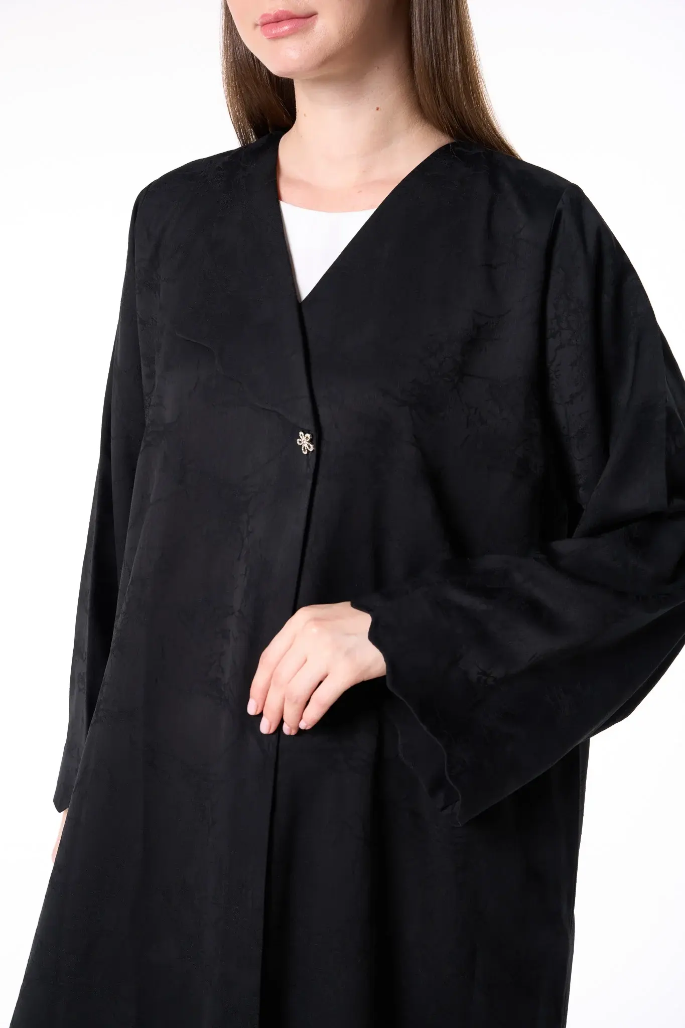 Black Jamaica Jacquard Abaya with V-Neck Collar