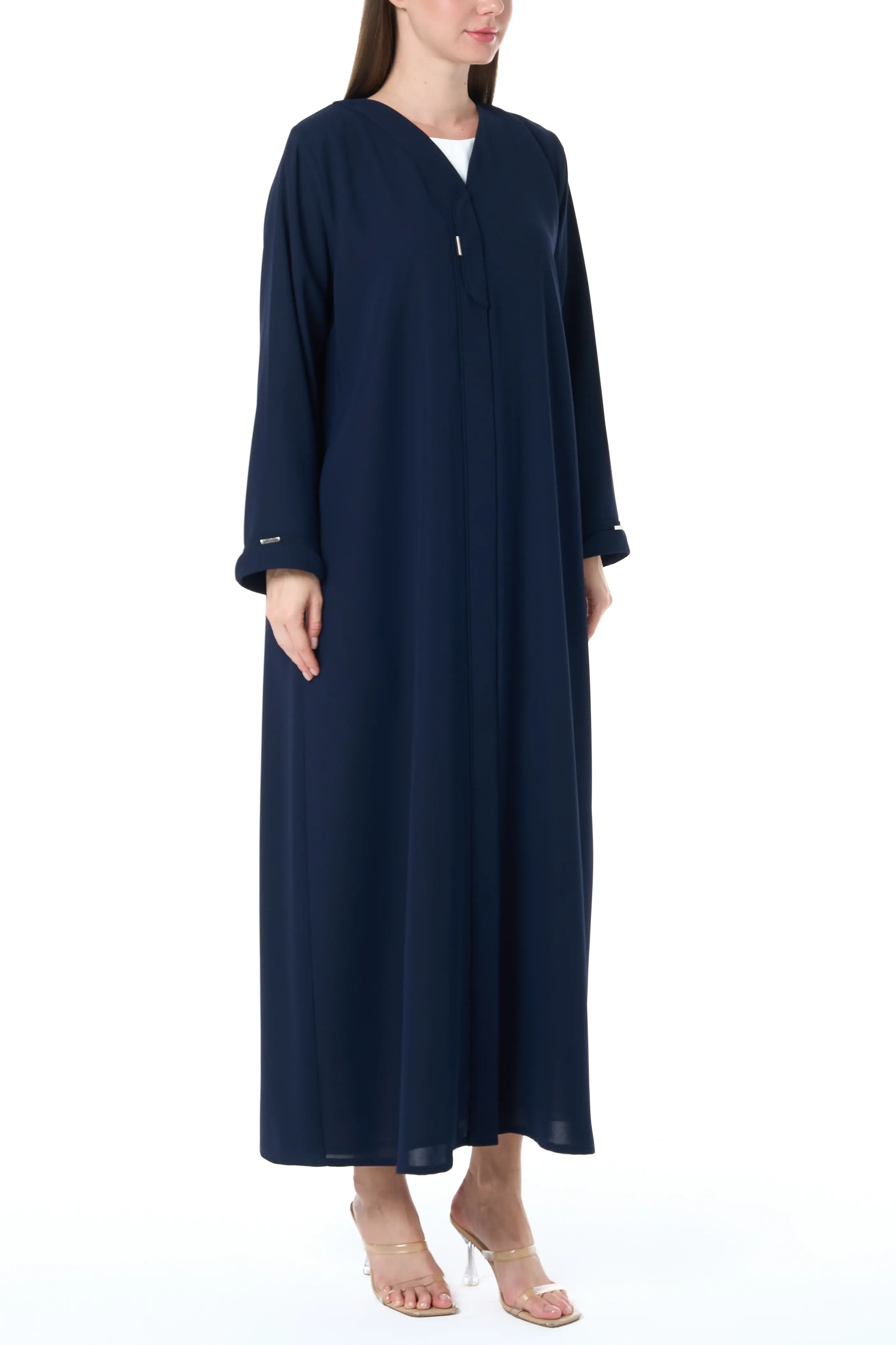 Blue Wave Crepe Abaya with Front Piping and Silver Button Detail