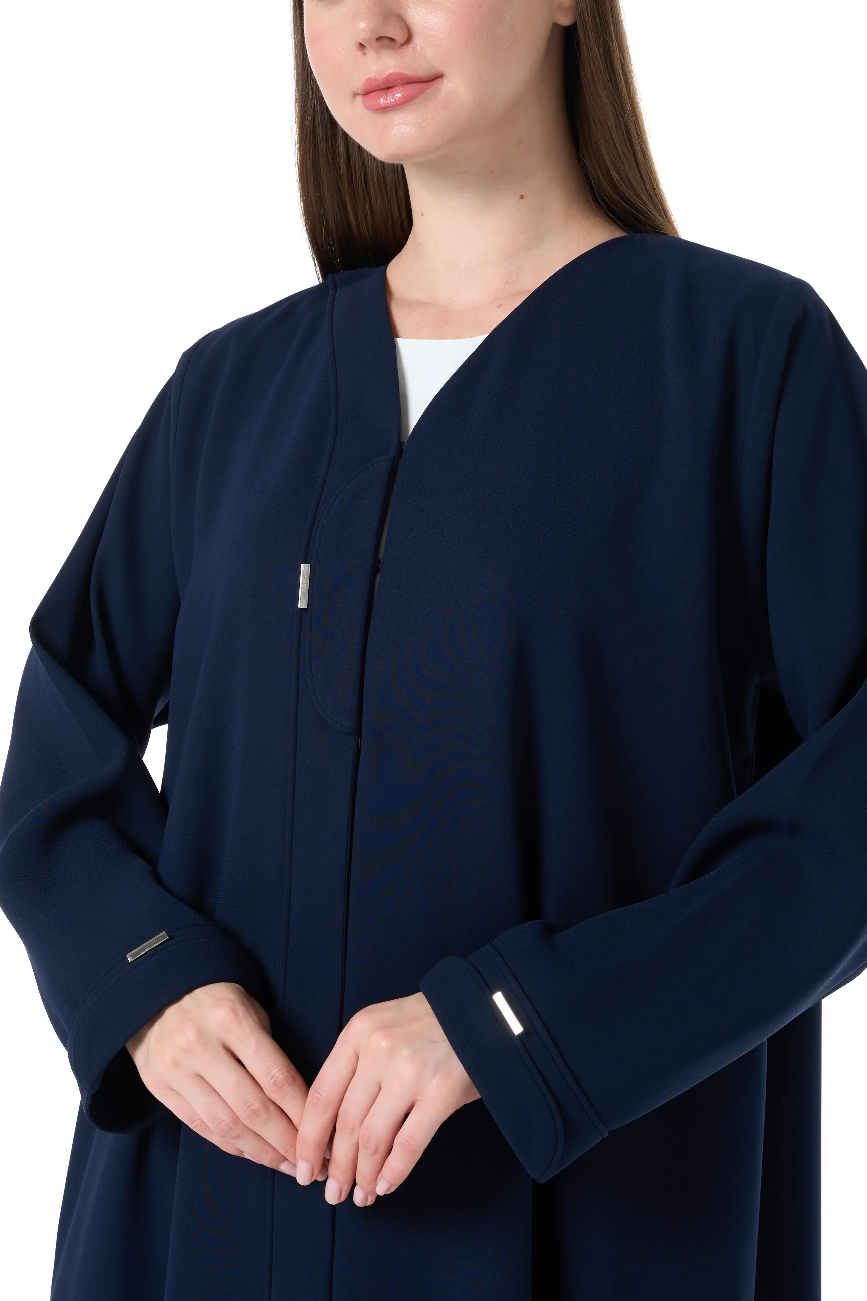 Blue Wave Crepe Abaya with Front Piping and Silver Button Detail