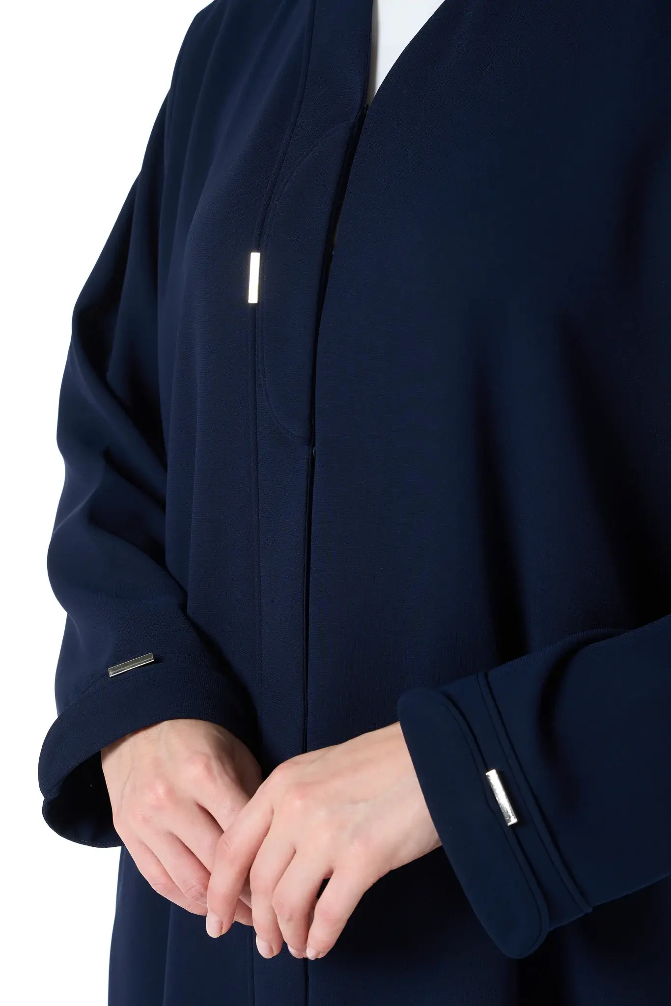 Blue Wave Crepe Abaya with Front Piping and Silver Button Detail