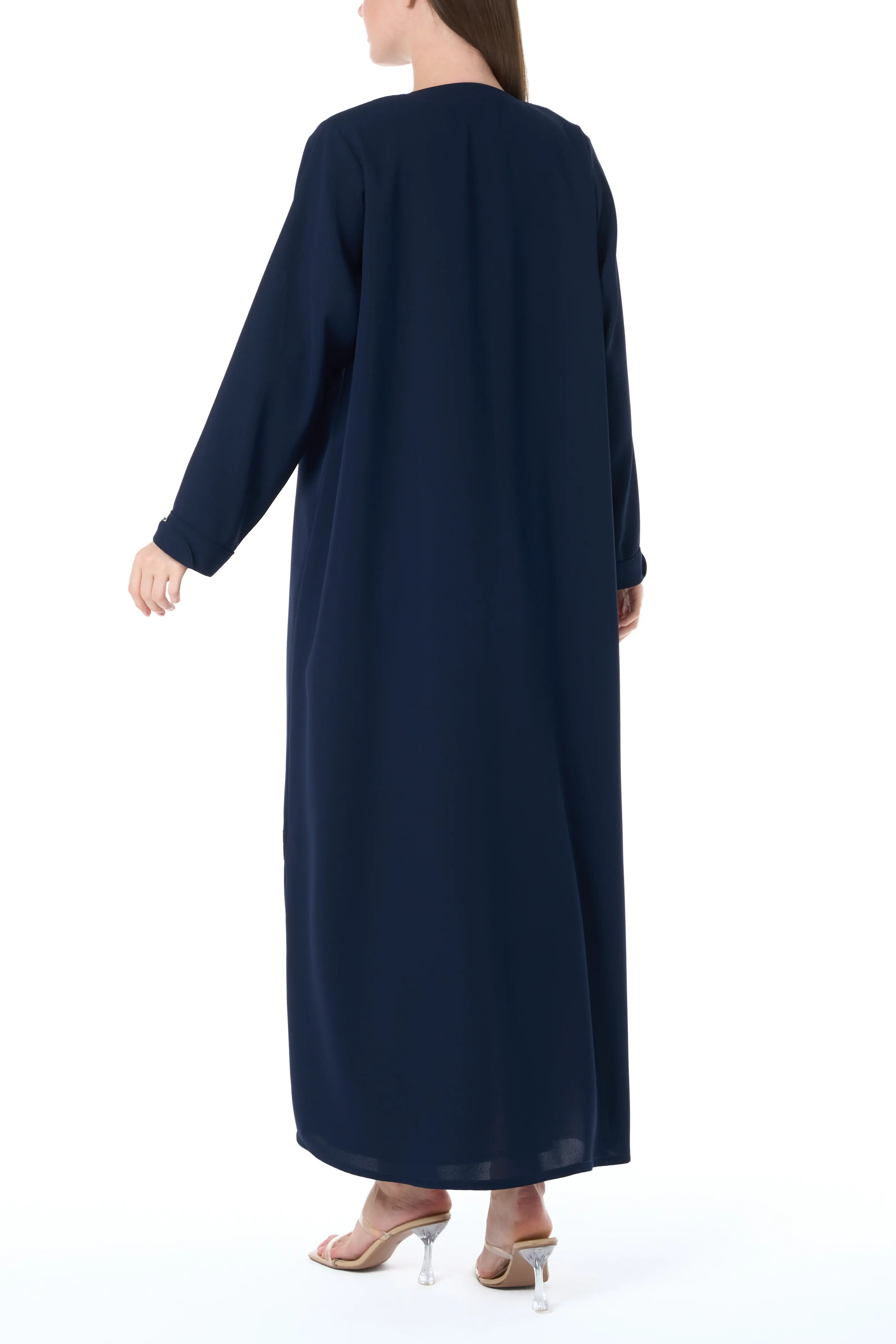 Blue Wave Crepe Abaya with Front Piping and Silver Button Detail