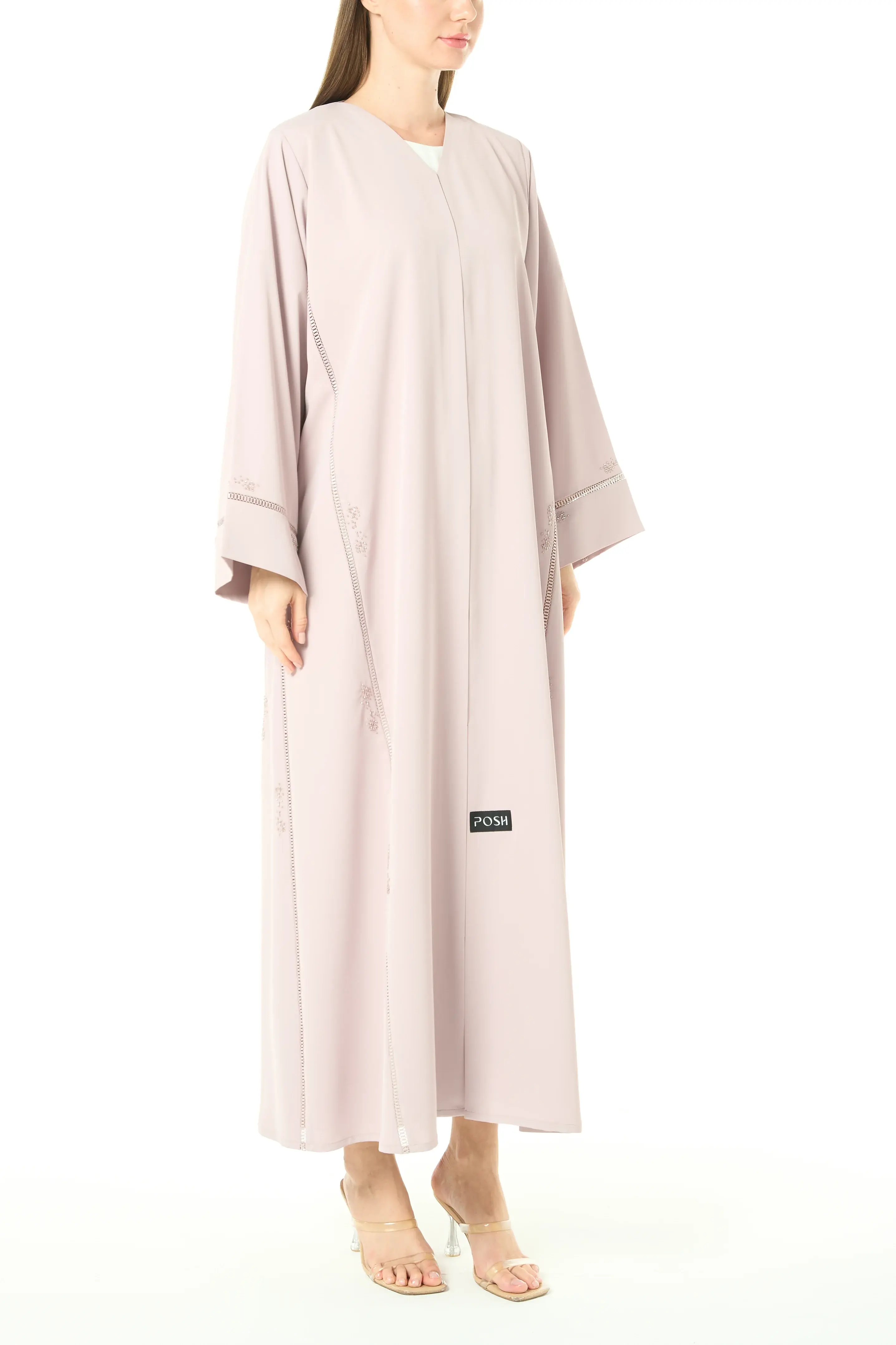 Pastel Pink Cool Crepe Abaya with Central Lace Detailing