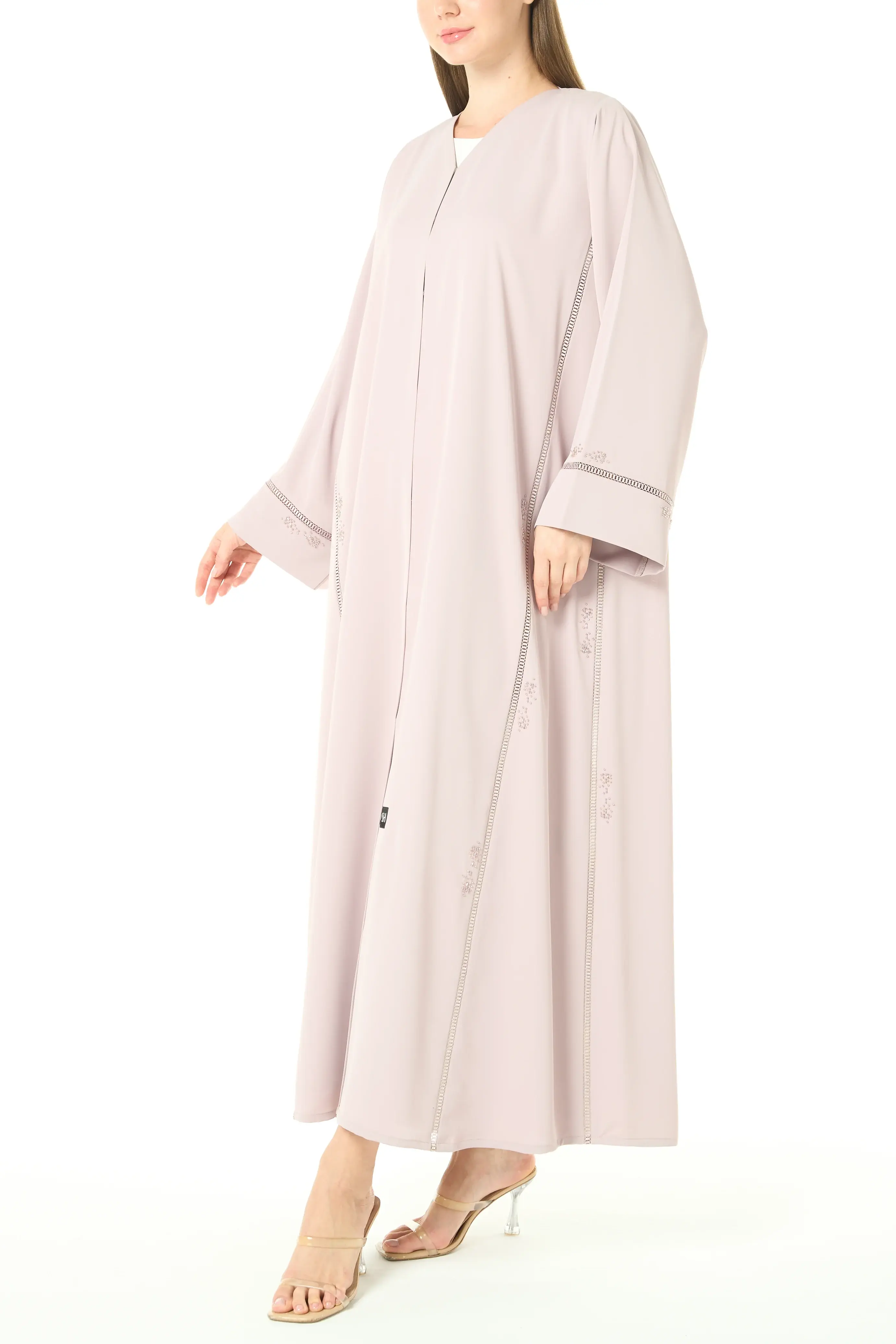 Pastel Pink Cool Crepe Abaya with Central Lace Detailing