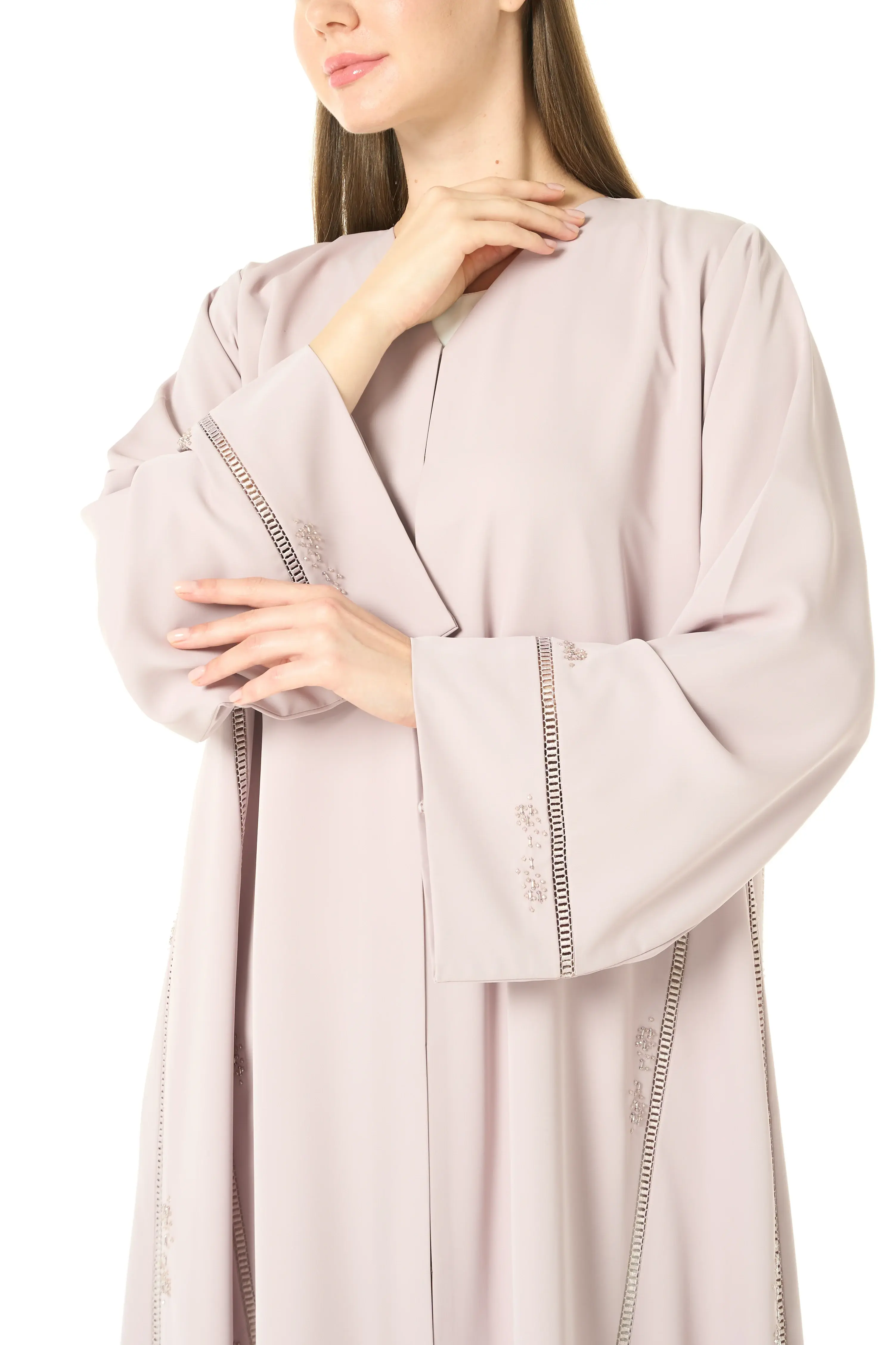Pastel Pink Cool Crepe Abaya with Central Lace Detailing