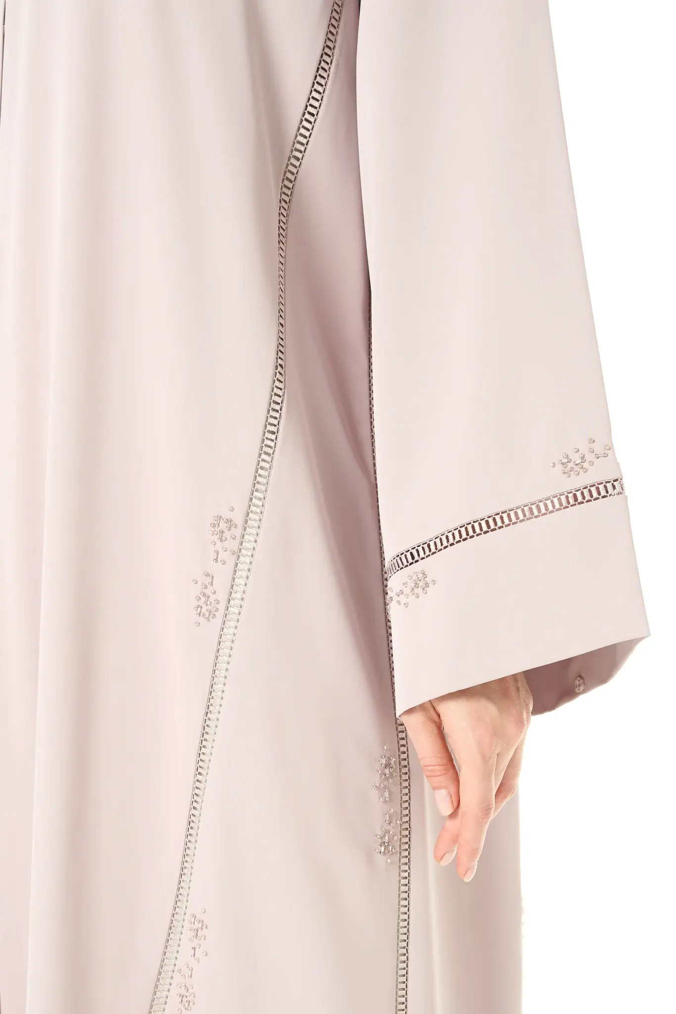 Pastel Pink Cool Crepe Abaya with Central Lace Detailing