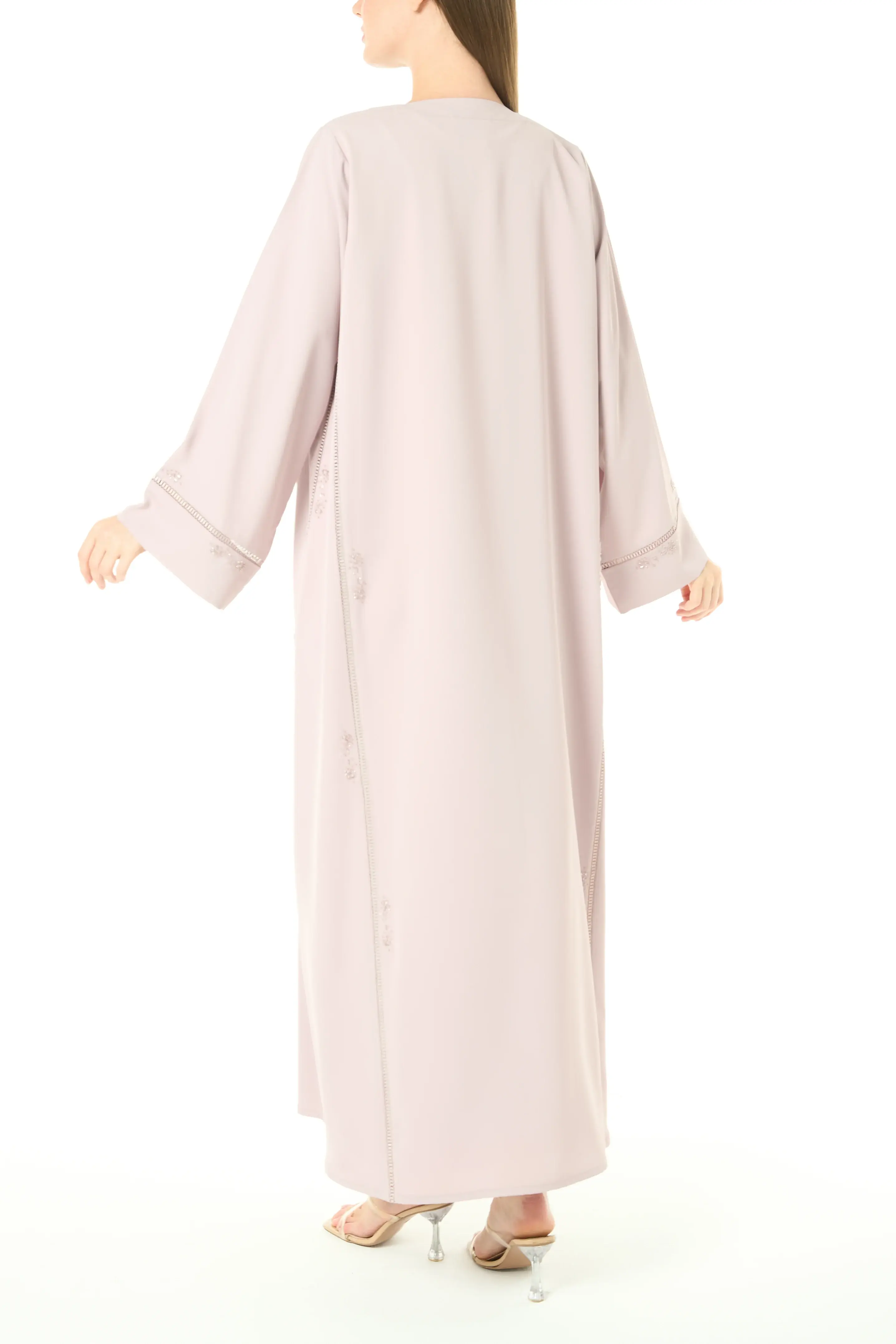 Pastel Pink Cool Crepe Abaya with Central Lace Detailing