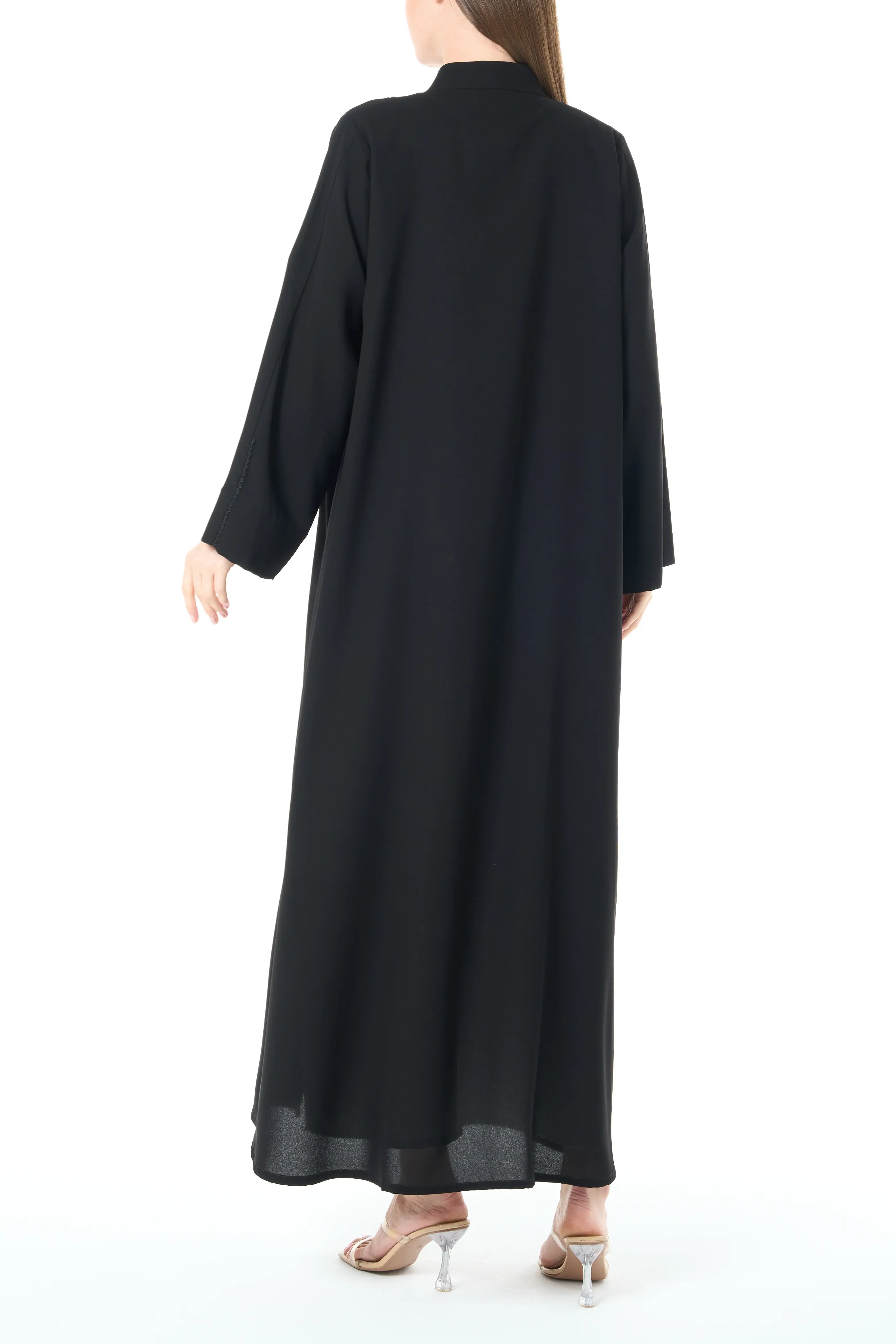 Jet Black Claire Crepe Abaya with Klosh Silhouette and Clean Minimal Finish