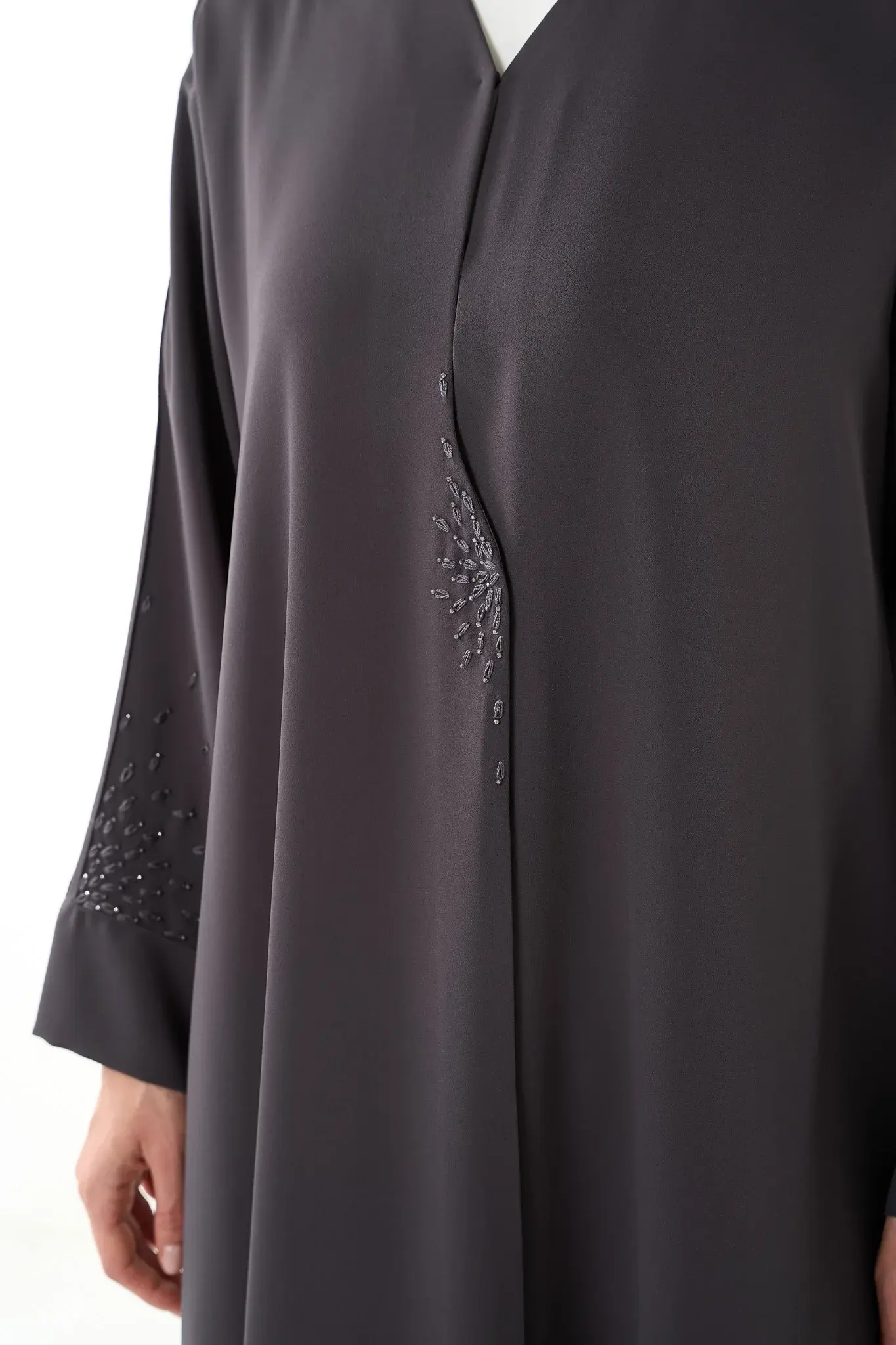 Grey Claire Crepe Abaya with Klosh Cut and Minimal Beadwork