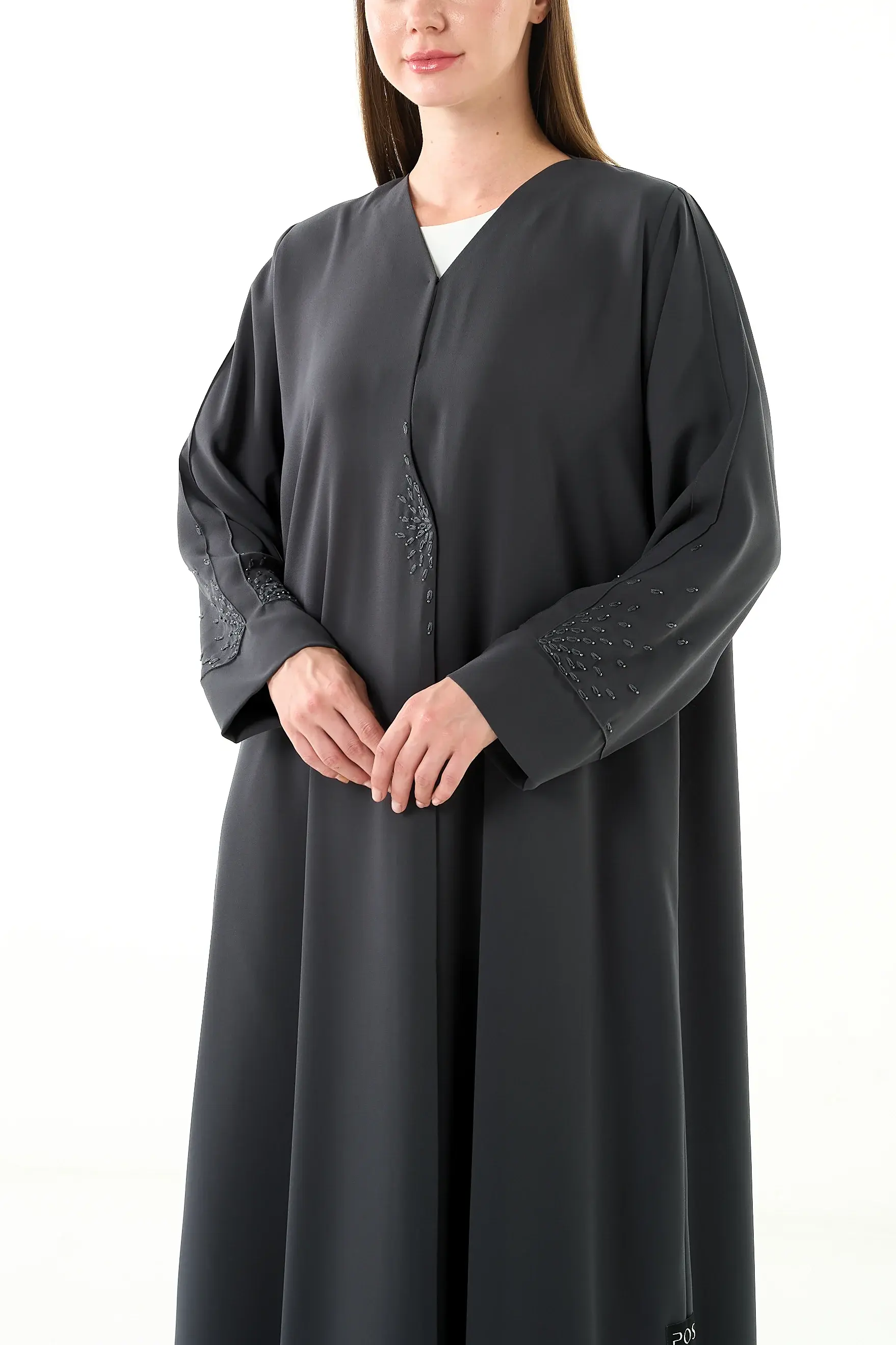 Grey Claire Crepe Abaya with Klosh Cut and Minimal Beadwork