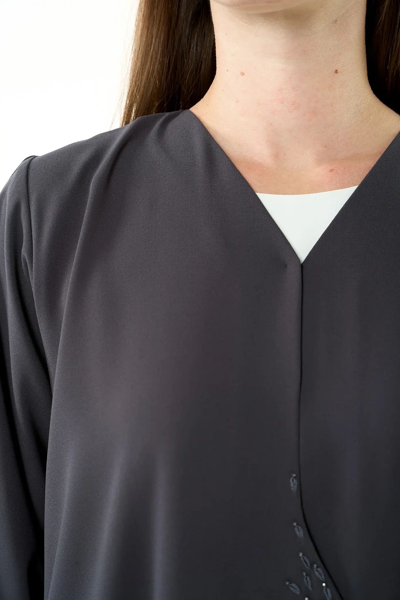Grey Claire Crepe Abaya with Klosh Cut and Minimal Beadwork