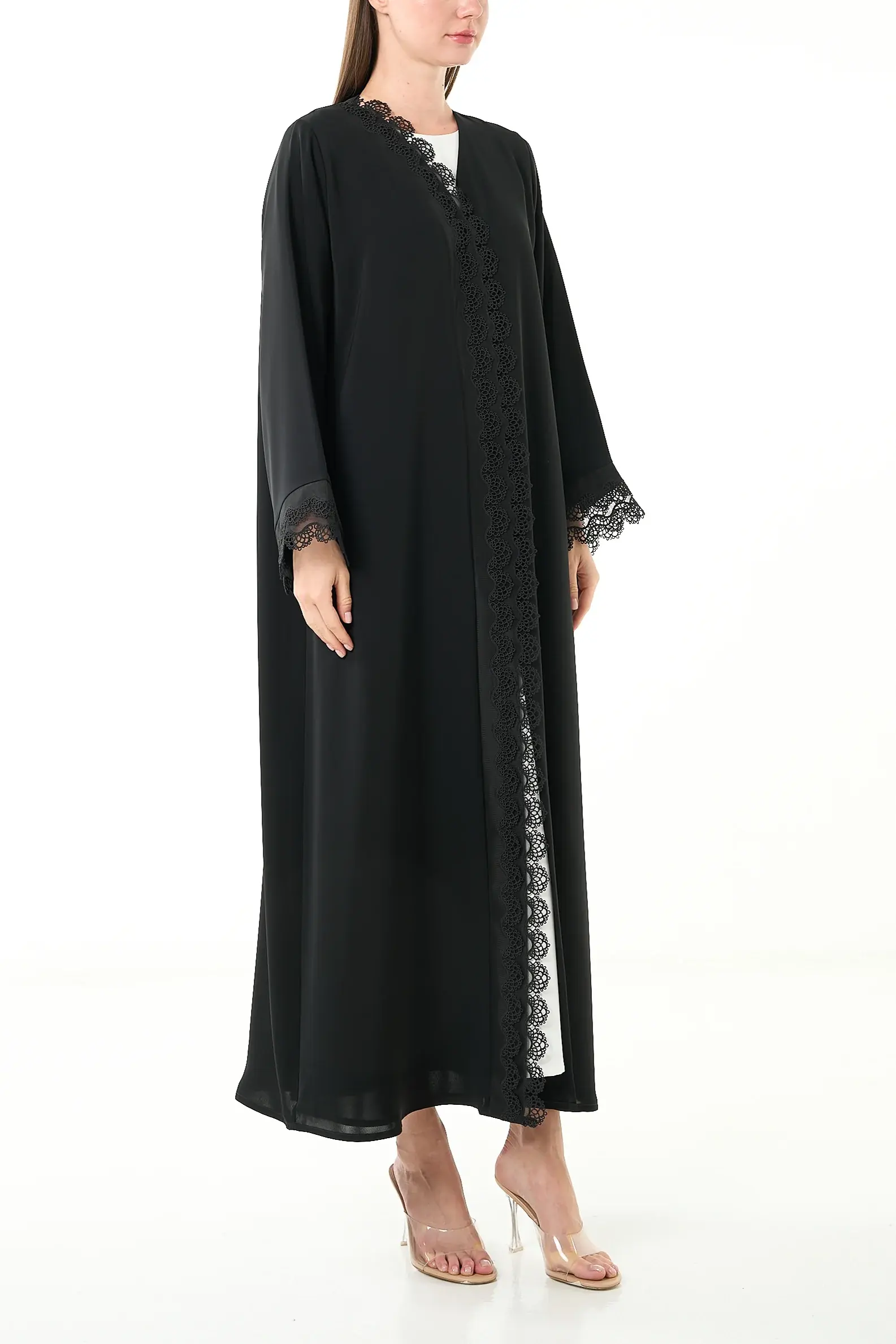 Black Elite Nada Abaya with Straight Cut and Lace Trim Detailing