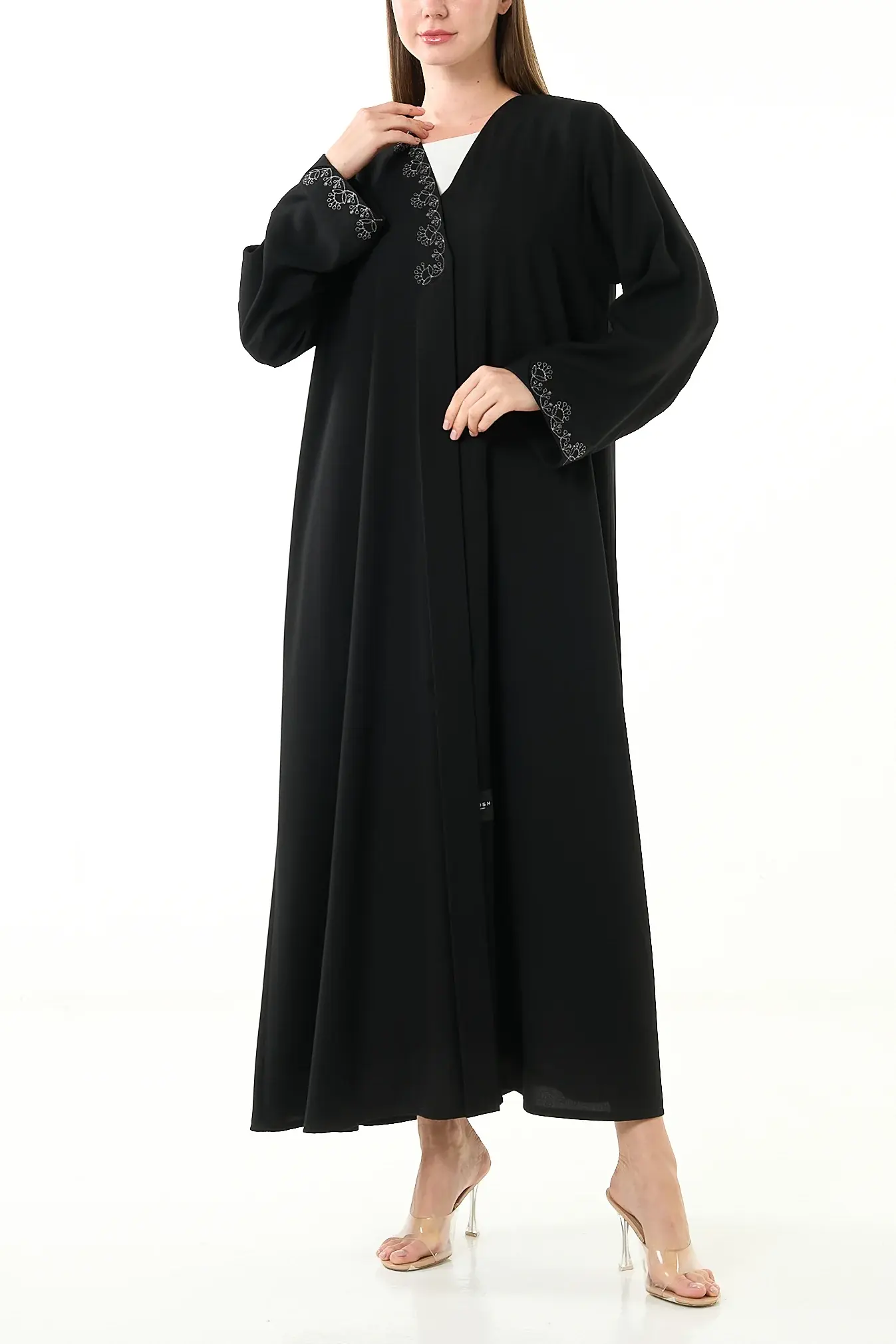 Black Luma Crepe Abaya with Klosh Cut and Embroidered Front Detail